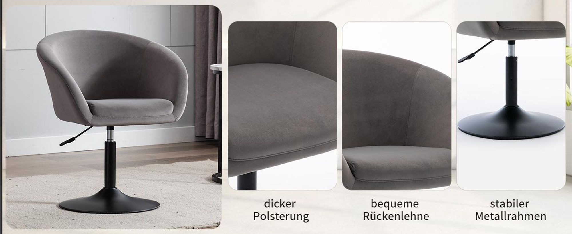 Duhome Clubsessel Cocktailsessel aus Samt Loungesessel Höhenverstellbar Drehhocker mit Armlehne und Rücklehne, Grau