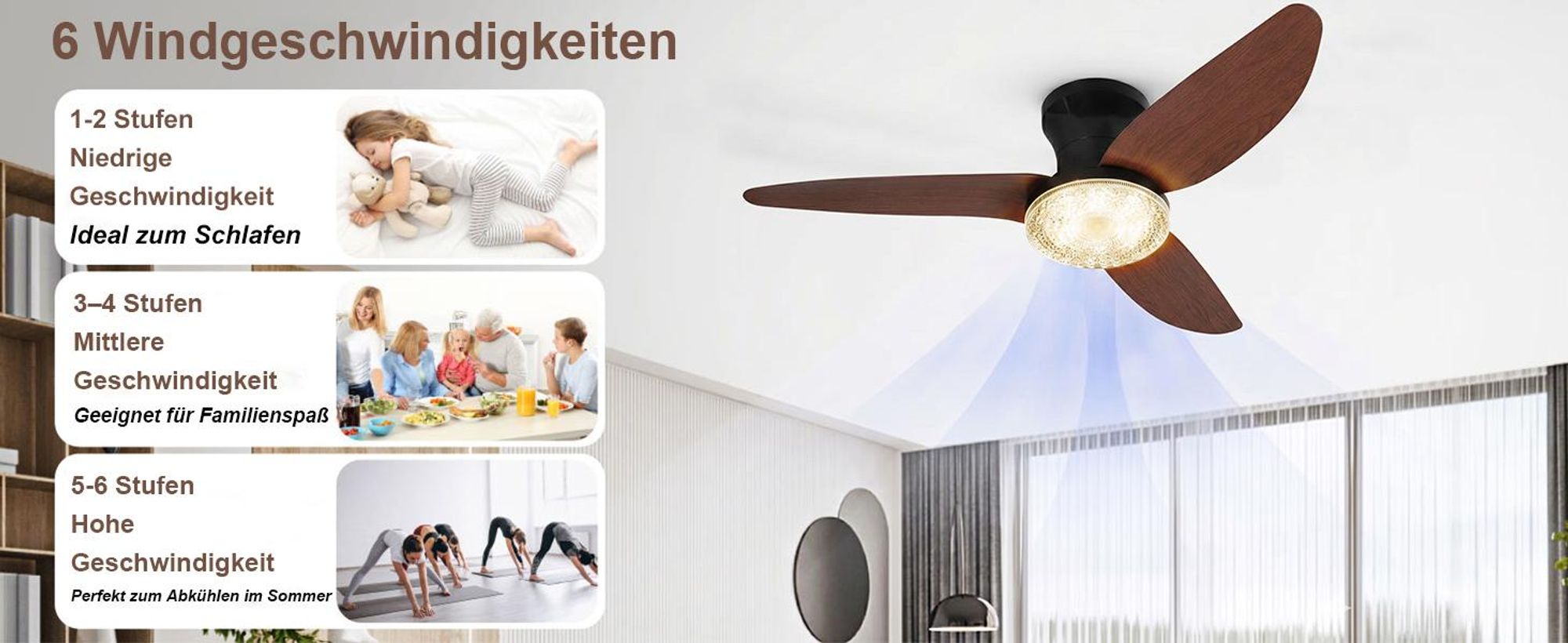 100cm Deckenventilator mit Beleuchtung und Fernbedienung DC Motor 3 Farbtemperatur Dimmbar 6 Stufen APP-Steuerung