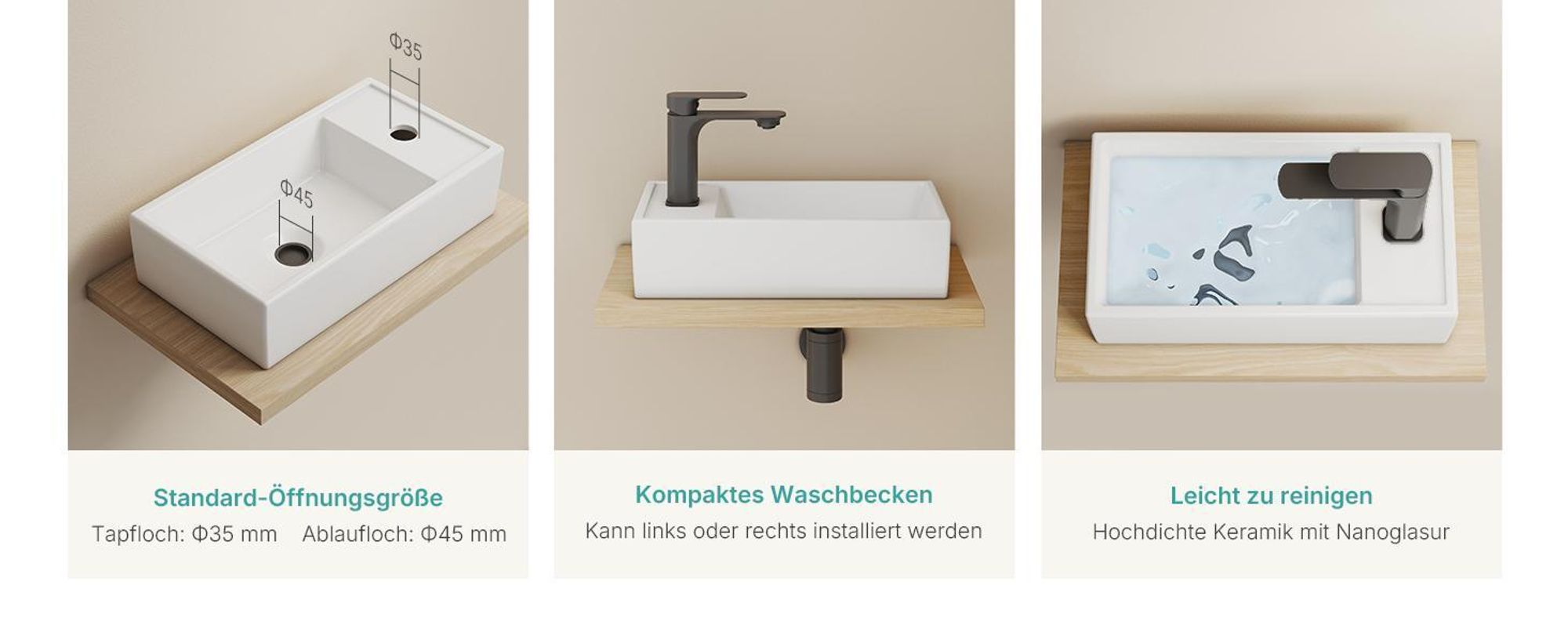EMKE Aufsatzwaschbecken Keramik Rechteckig 410x220mm Weiß Glänzend mit Armaturloch, Modernes Design für Badezimmer & Gäste-WC