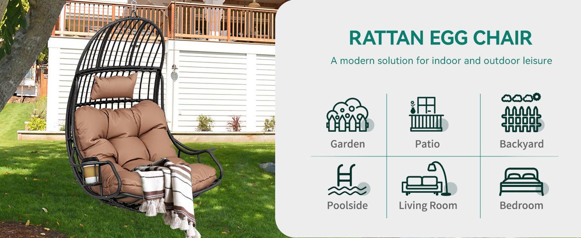 YITAHOME Hängesessel Schaukelsessel Eierschaukel Hängesessel bis 150 kg, Rattan mit Kissen & Getränkehalter, Braun