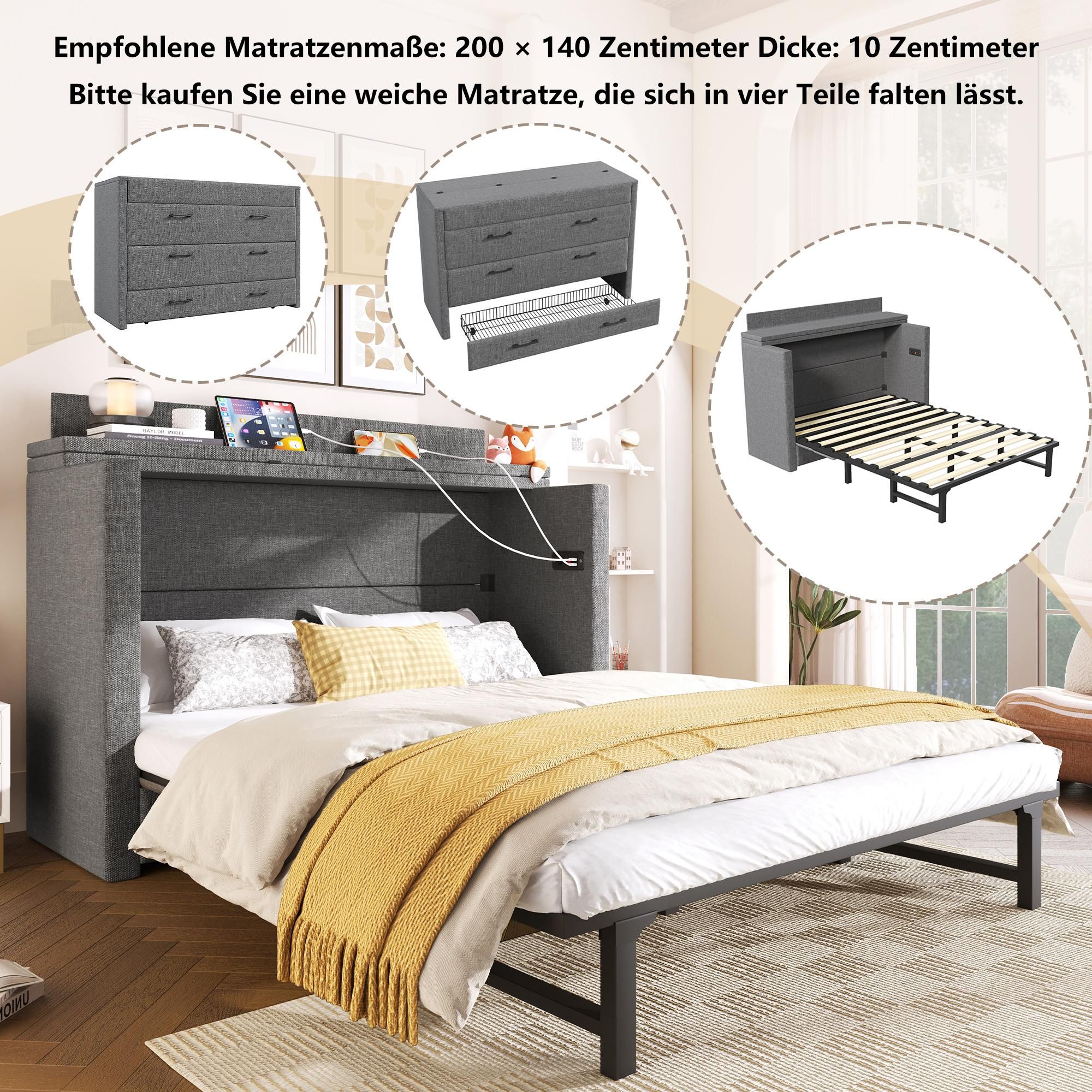 Merax Schrankbett 140x200cm, Wandbett mit USB & Typ-C, 1 Schublade, Umbaubar und Mobil Klappbett, Wandklappbett, Plattformbett, Leinen, Grau