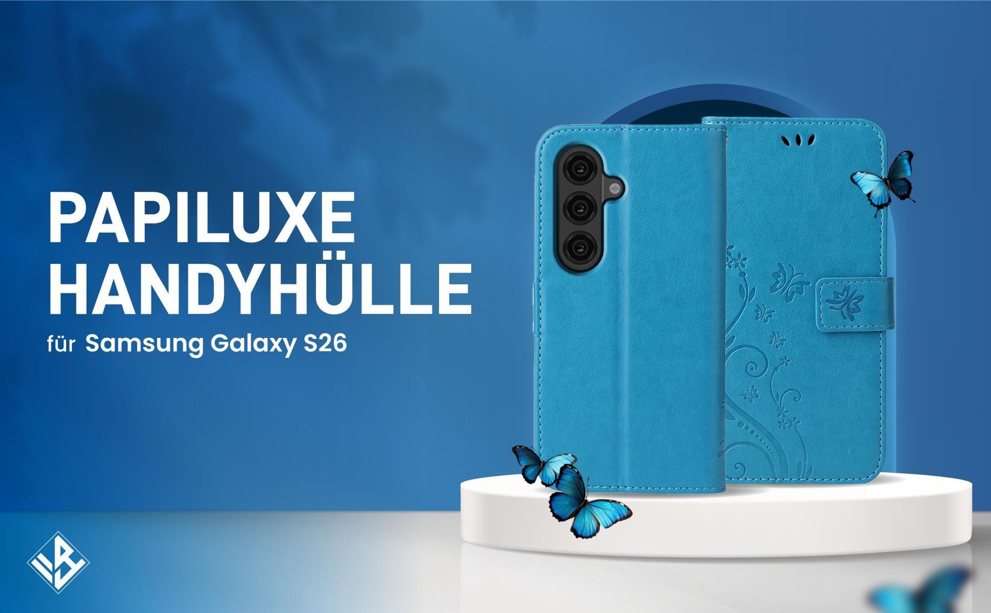 Blaue Klapphülle im Schmetterling Design für Samsung Galaxy S26 mit Wallet-Funktion