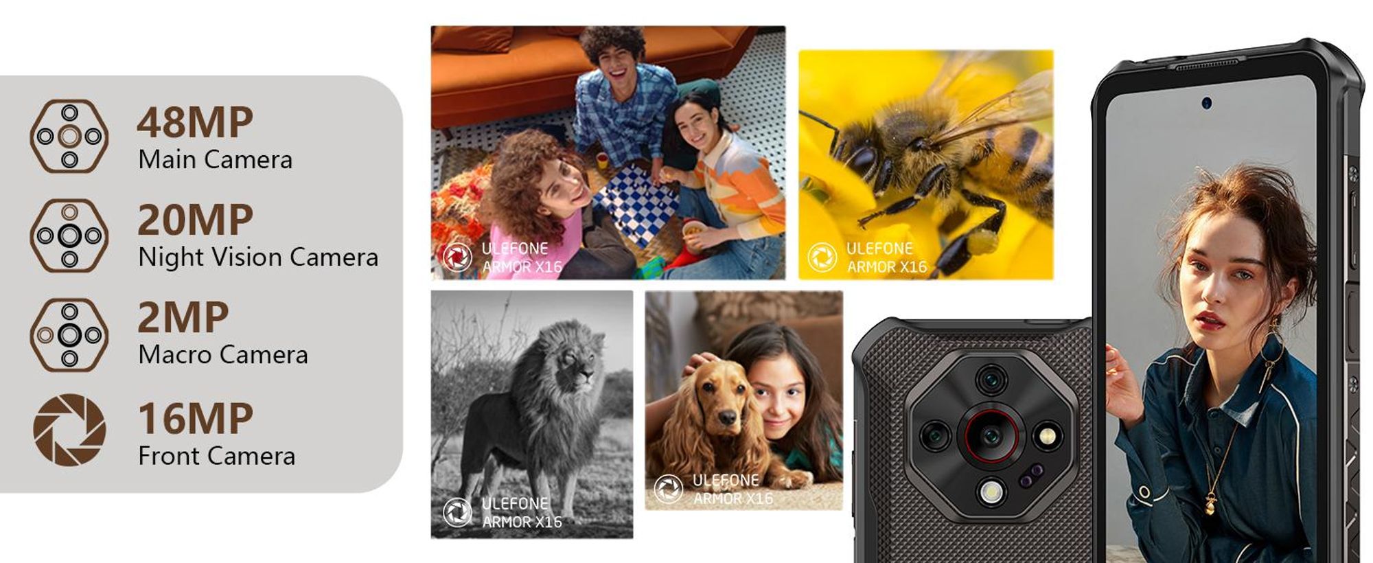 Ulefone Armor X16 Outdoor Handy Ohne Vertrag - 12GB + 128GB - 10360mAh 6.56" 48MP+20MP mit Flashlight, IP68 Outdoor Smartphone Android 15 NFC- Schwarz