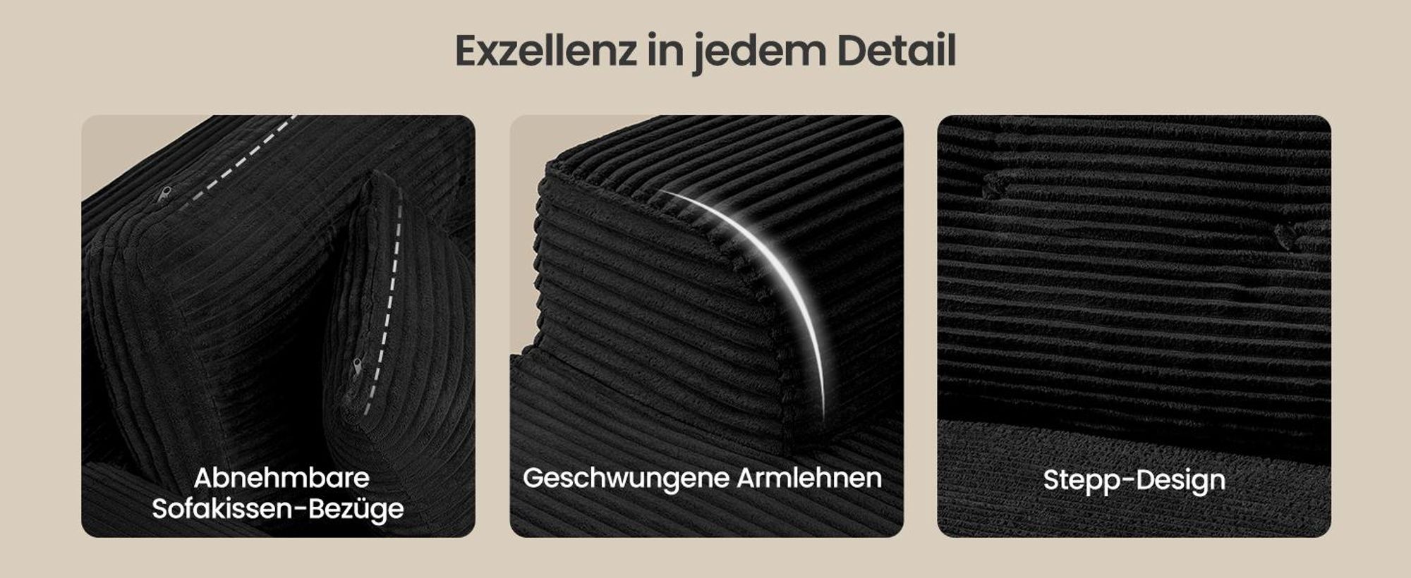 VASAGLE Modulares Sofa, Ecksofa mit Liege rechts, 242 cm breit, vakuumverpackt, keine Montage erforderlich, Schwarz