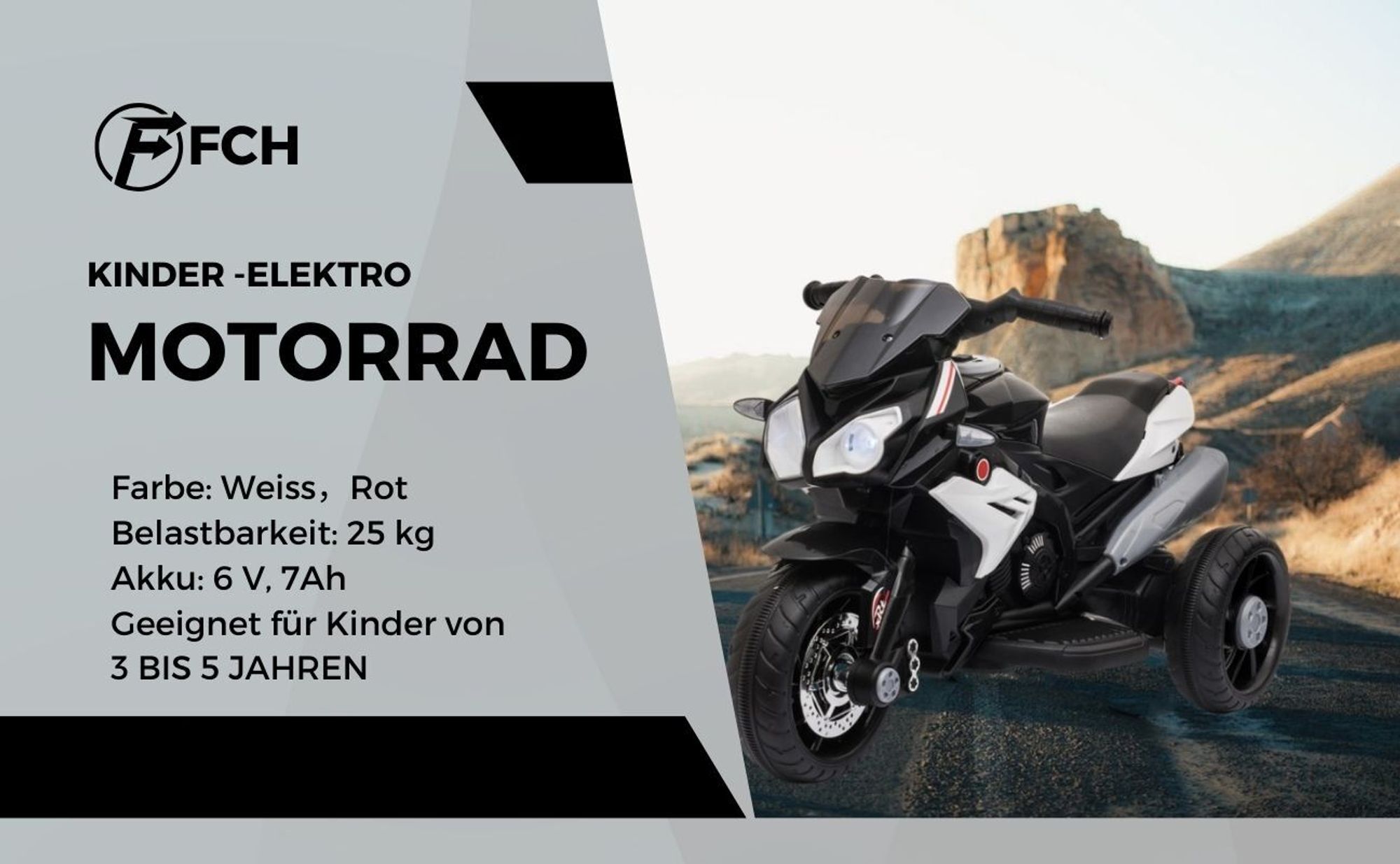 FCH 6V 7Ah Elektro Kindermotorrad Kinderfahrzeug Elektro-Dreirad 88 x 42 x 53cm Weiss