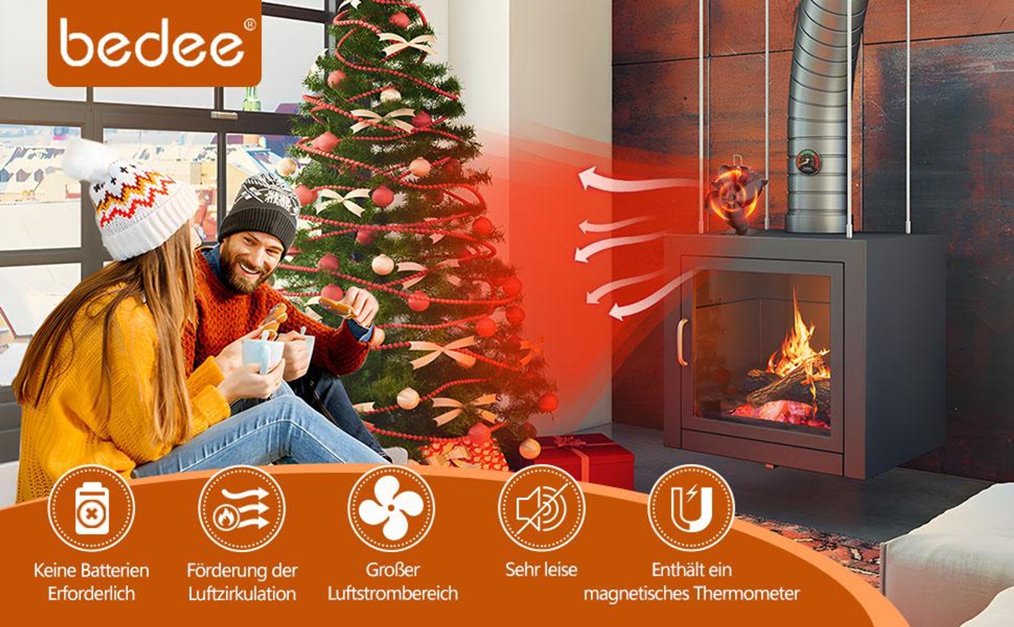 4-Blade Kaminventilator, Stromloser Ventilator für Kamin Holzöfen Öfen, Geräuscharmer Betrieb, Ventilator Ofenventilator Feuerstelle Kaminöfen