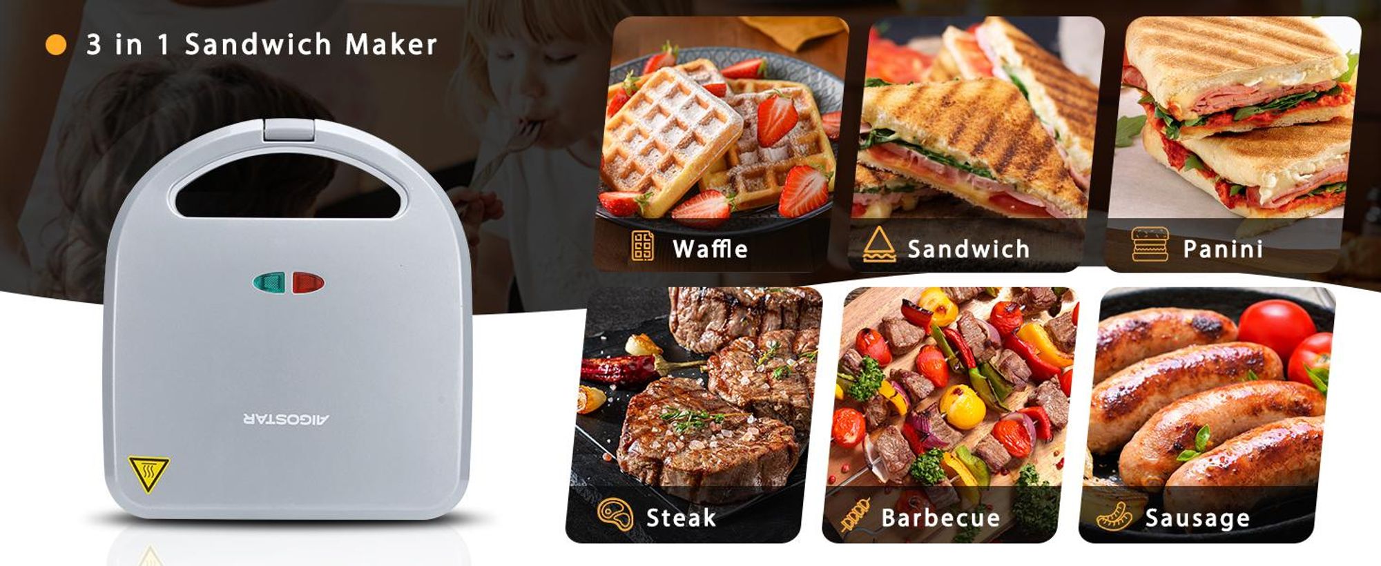 Aigostar 3-in-1-Kombi-Waffeleisen 750 W Sandwichmaker, 3 Austauschbare Platten, Beidseitiges Grillen, Antihaftbeschichtet, Automatisches Thermostat