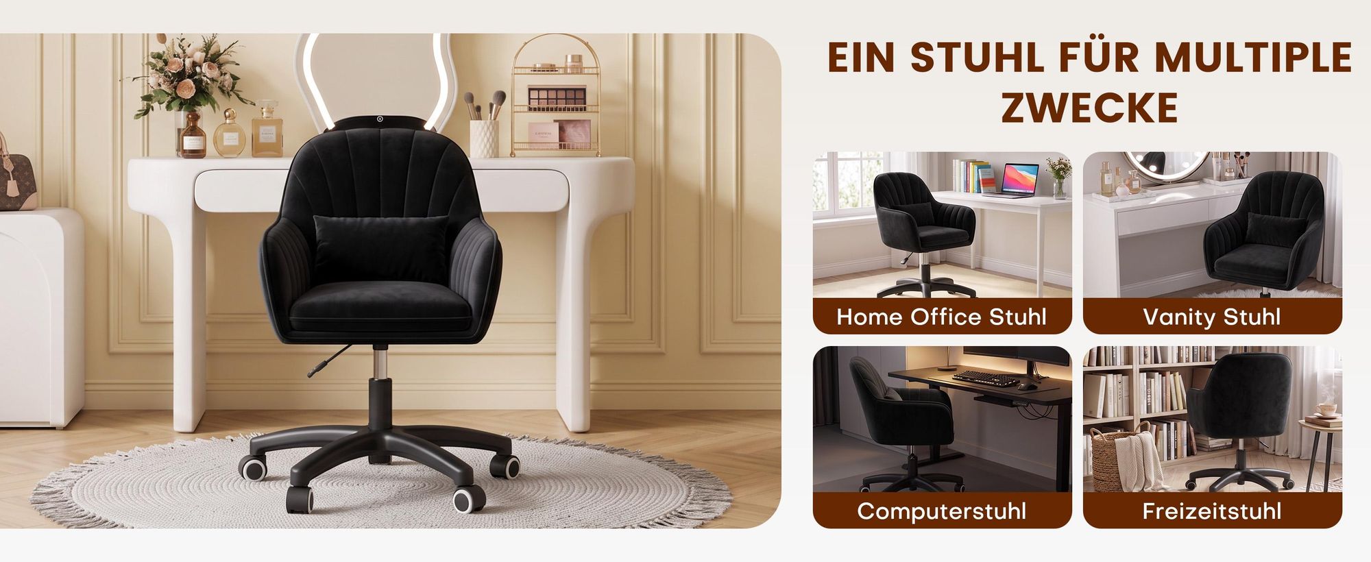 Hawthyhome Homeoffice Stuhl aus Samt mit Kopfkissen Drehbarer Höhenverstellbarer Bürostuhl ergonomisch Schwarz