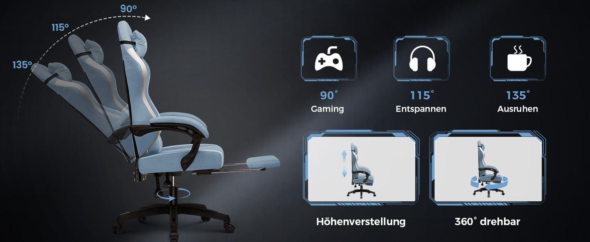 GTPLAYER Gaming Stuhl Ergonomischer, PC Stuhl Atmungsaktiver Stoff, Groß und Hoch Drehbarer Schreibtischstuhl mit Fußstütze, Hellblau
