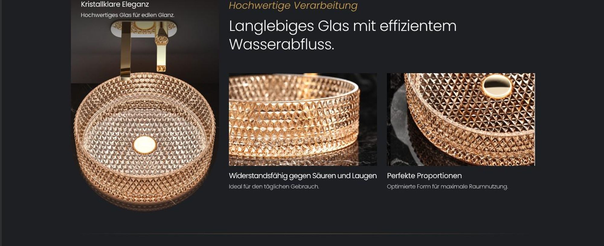 EMKE Aufsatzwaschbecken Rundes Glas Transparentes Rosegold 36 x 36 x 11.2 cm Hochwertiges Design-Waschbecken für Badezimmer & Gäste-WC Waschschal