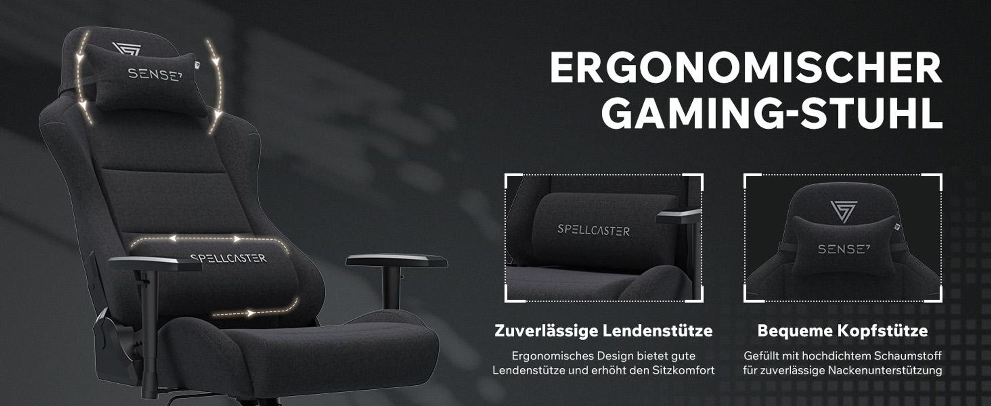 Sense7 Spellcaster FUKU XL Gamingstuhl, Gaming Sessel, Bürostuhl, Ergonomisch Schreibtischstuhl, Drehstuhl mit Kopfstützen bis zu 160kg, Schwarz stuhl