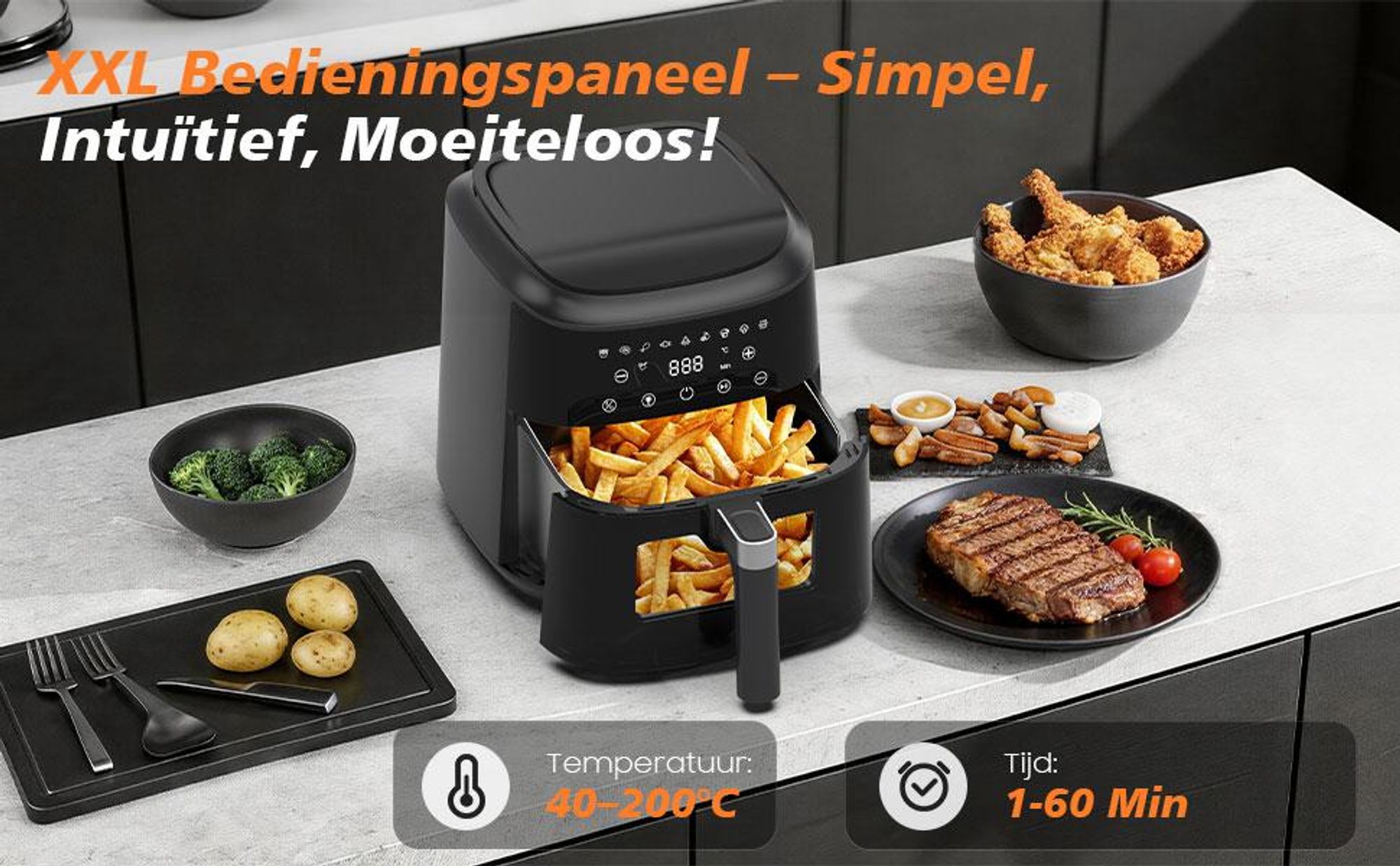 Heteluchtfriteuse 6L Airfryer, 9 programma's, 40–200 °C, warmhoudfunctie, kijkvenster, antiaanbaklaag, 1650 W, Zwart