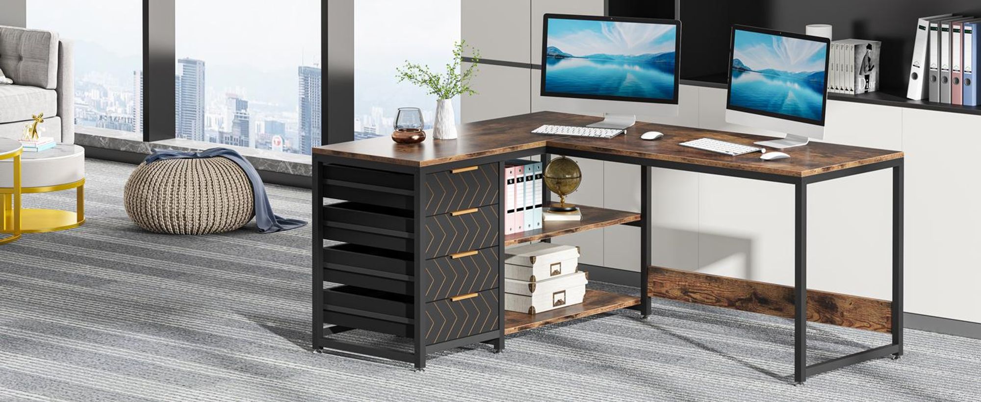 Tribesigns, scrivania a forma di L, 150 cm, scrivania angolare con scaffali, scrivania da ufficio/studio reversibile, adatta come postazione di lavoro, colore marrone
