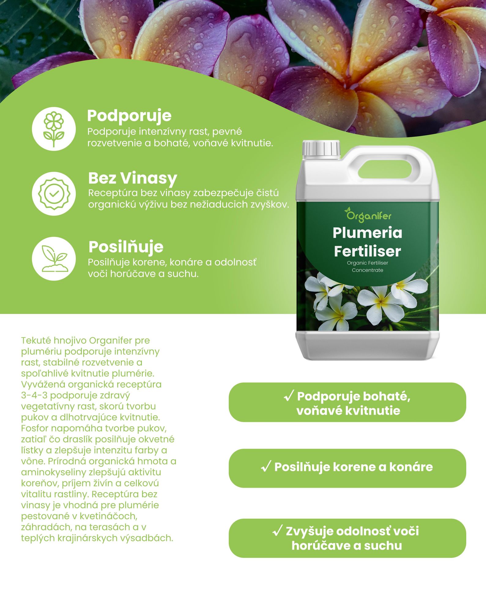 Frangipani, tekuté hnojivo, 2x 1 liter – vzorec NPK 3-4-3 – vhodné pre rastliny Plumeria – podporuje nepretržité kvitnutie a zdravý rast – organické