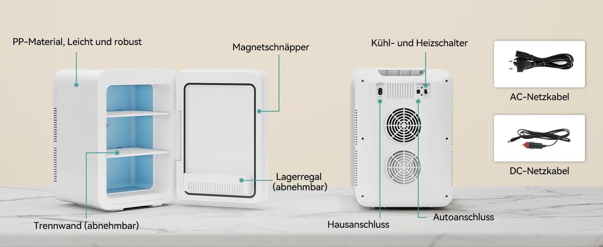 Puluomis Mini Kühlschrank 20L, 2 in 1 Warm- und Kühlbox tragbar Ultra-Leiser Auto Kühlbox (<30dB) 12V/220V /230V AC/DC für Getränkedosen, Snacks Weiß