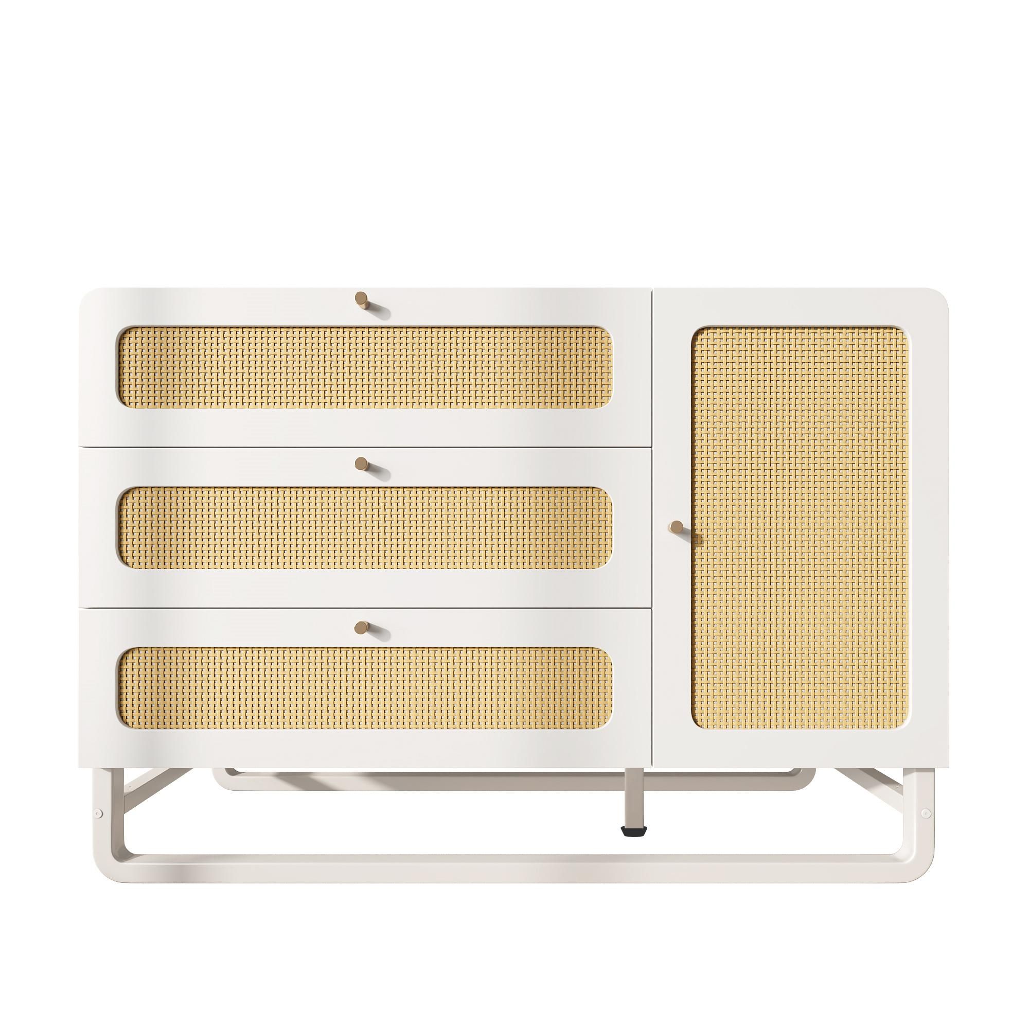Flieks Kommode Wohnzimmerschrank Rattan mit 3 Schubladen und Tür, Sideboard Anrichte mit verstellbaren Einlegeböden, 120x40x85 cm, Weiß