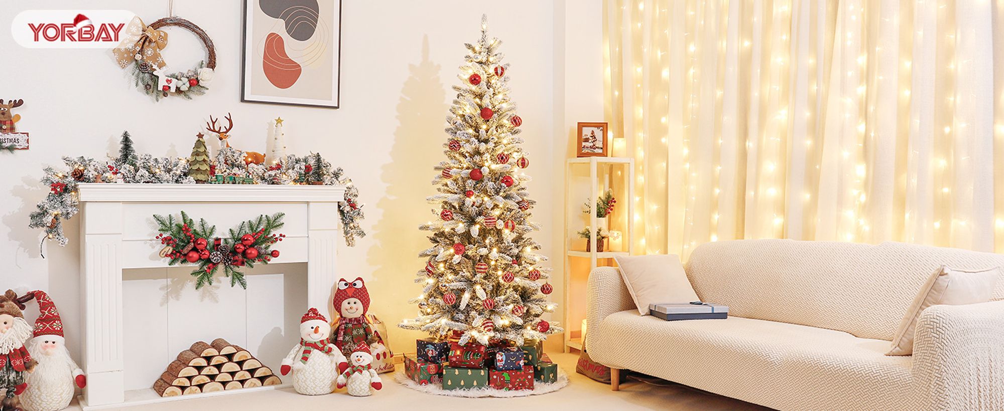 Yorbay 210cm Künstlicher Weihnachtsbaum Slim mit Beleuchtung LED Tannenbaum für Weihnachten-Dekoration, Schneebeflockt, Schmal, Weiß