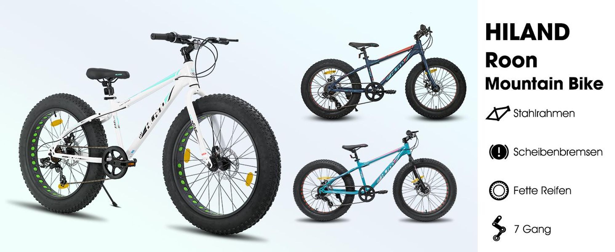 HILAND 20 Zoll Kinderfahrrad mit 4.0 Fat Tire, Shimano 7-Gang, Geeignet für Strand, Schnee, Kinder Mountainbike Jungen Mädchen, Silber
