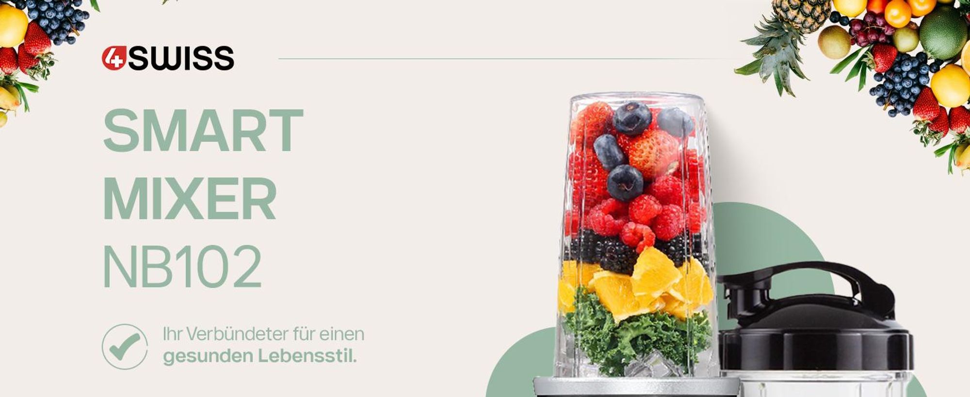 4Swiss NB102 Smart Blender Standmixer – 1000W Hochleistungsmixer, Smoothie Maker Set inkl. Becher & To-Go Deckel, 6-fach Edelstahlklinge, Ice Crusher