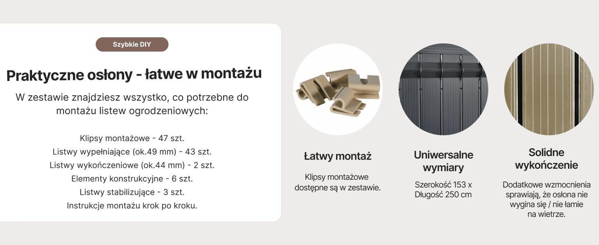 Osłona na Ogrodzenie Riposo Antracite Mazovia Całoroczna, Odporna na UV Szare Lamele na Płot Ogrodowy 153x250 cm
