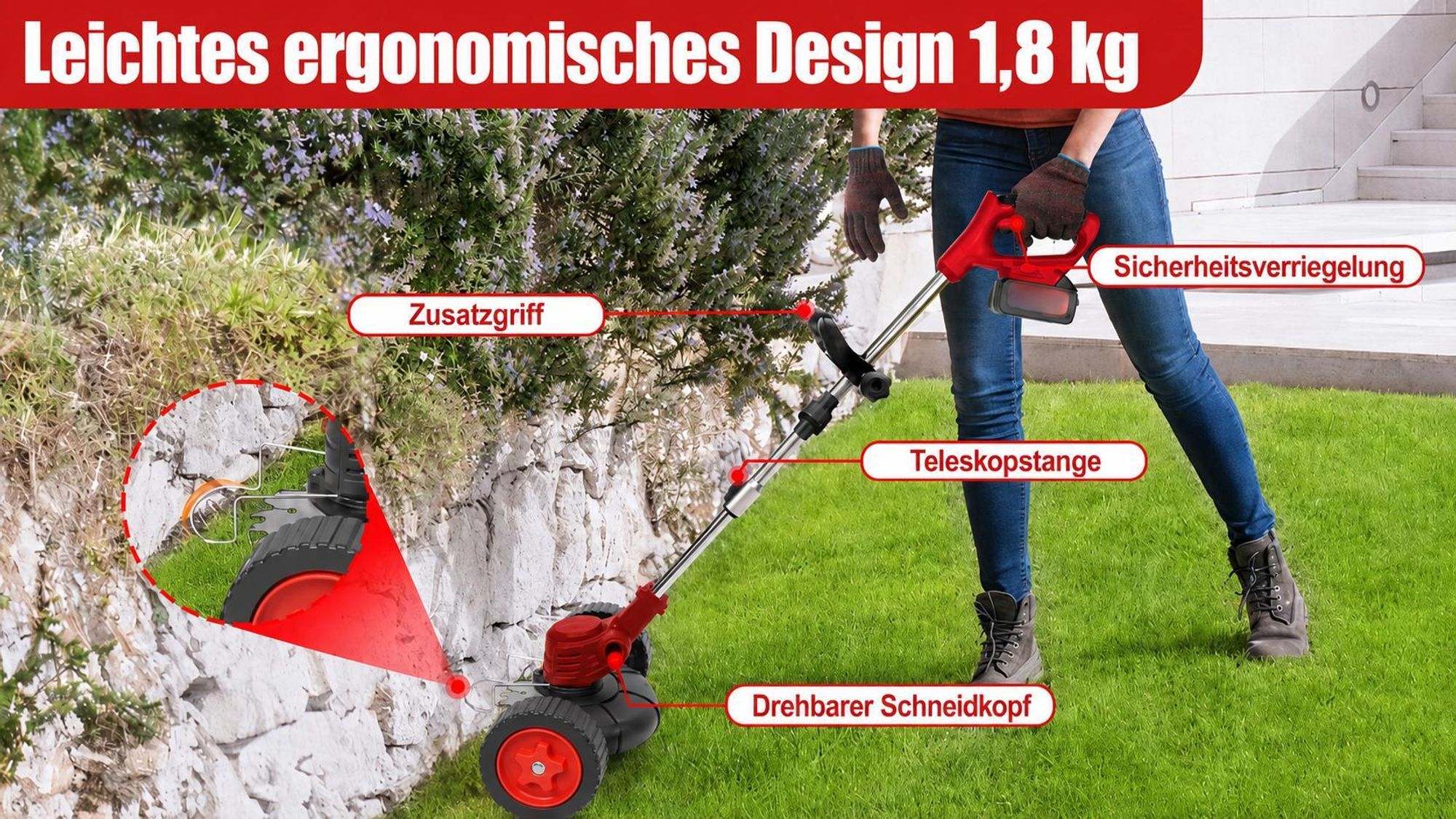 21V Akku Rasentrimmer mit 2 Akkus & Ladegerät, Teleskopstiel, Gras Trimmer Elektrisch für Garten