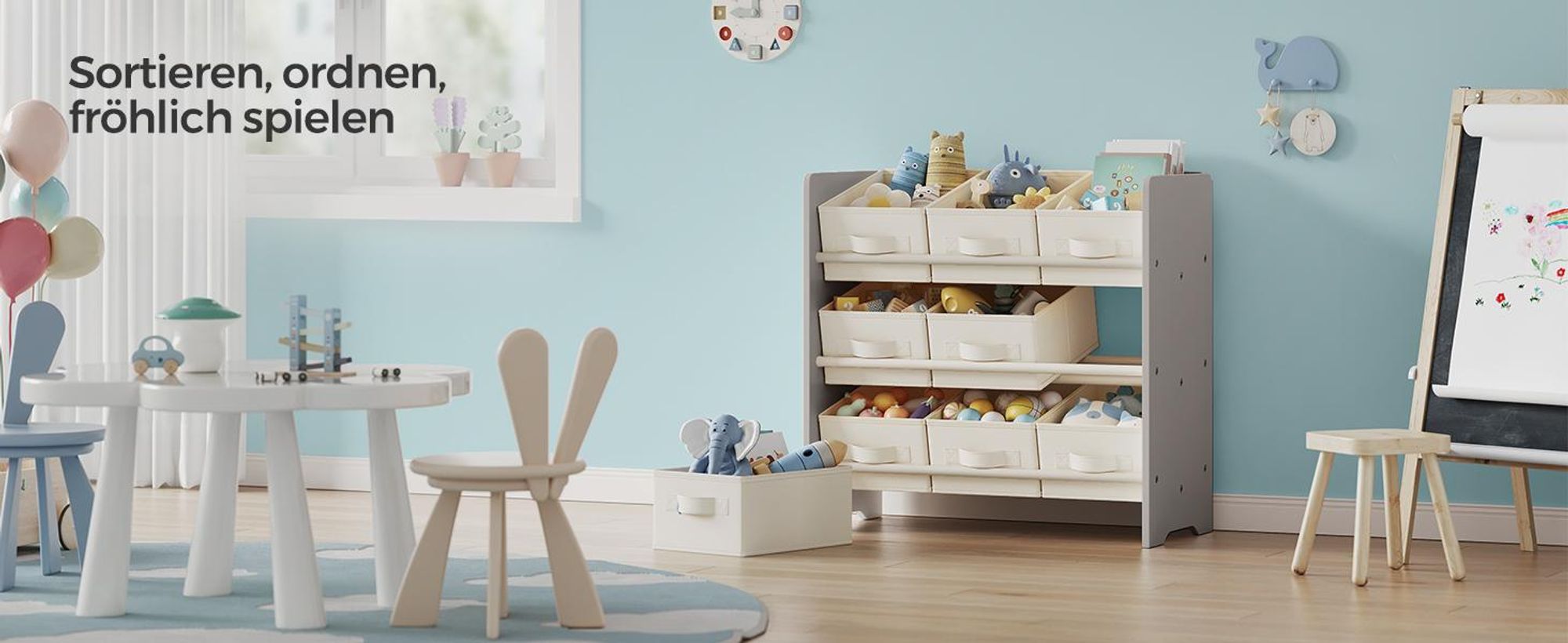 SONGMICS Kinderregal, mit 9 Aufbewahrungsboxen aus Vliesstoff, geräumig, taubengrau