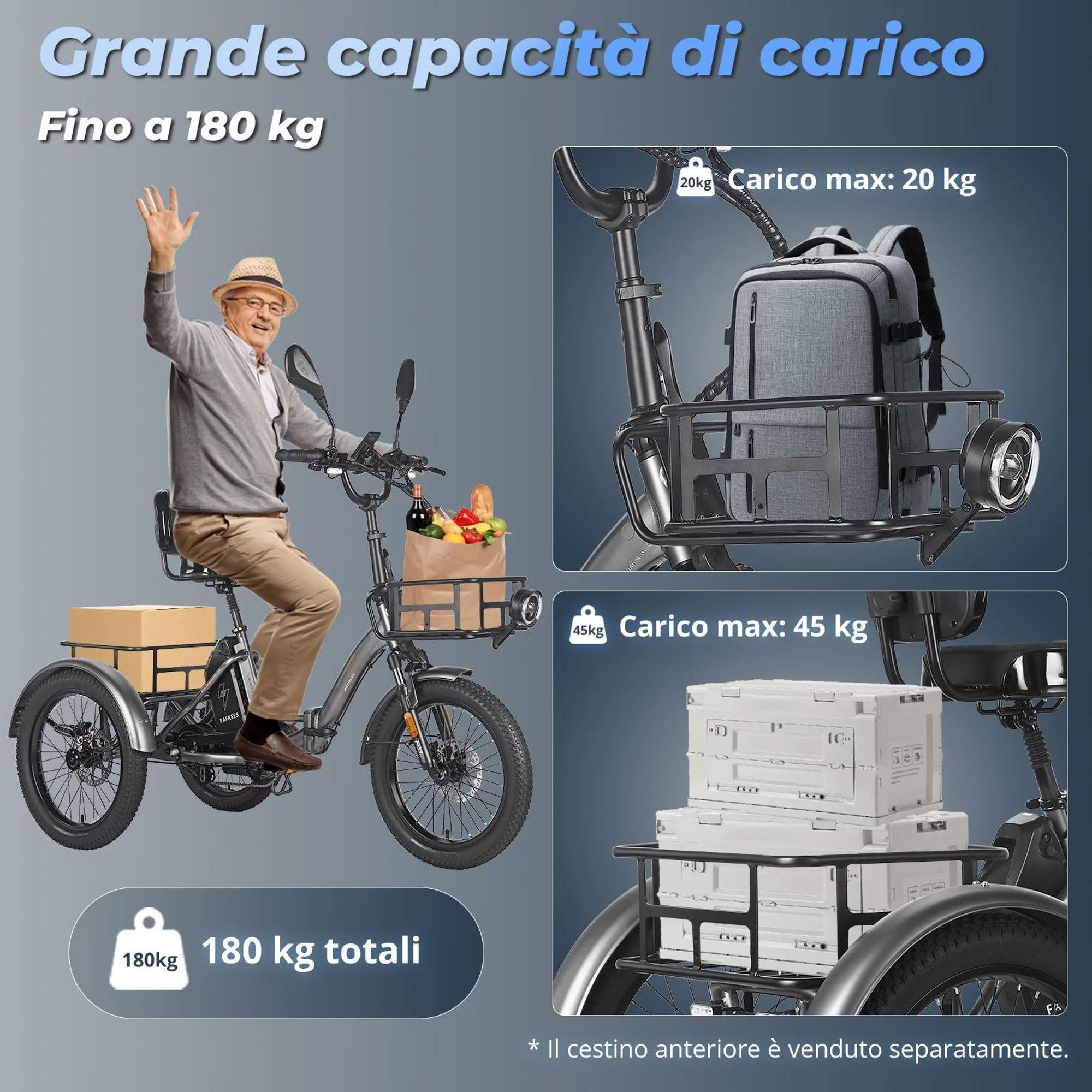 FAFREES F20 Mate Con Schienale Triciclo Elettrico - Batteria 48V23.45AH Freni a Disco Idraulici 20 Pollici Pneumatici - Grigio blu