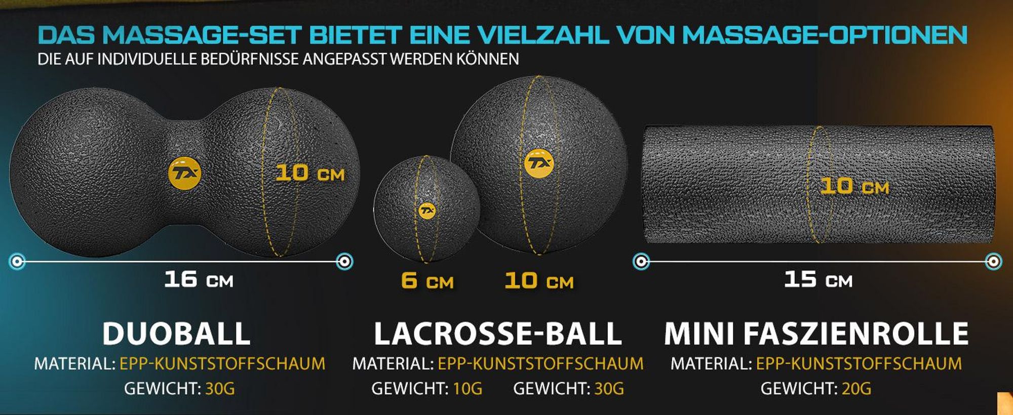 TREX SPORT Mini Faszienrolle Massageball 4er Set TX-025EPS |EPP Massagerolle, Massagebälle | Triggerpunkt, Rückenmassage, Selbstmassage, Tragetasche