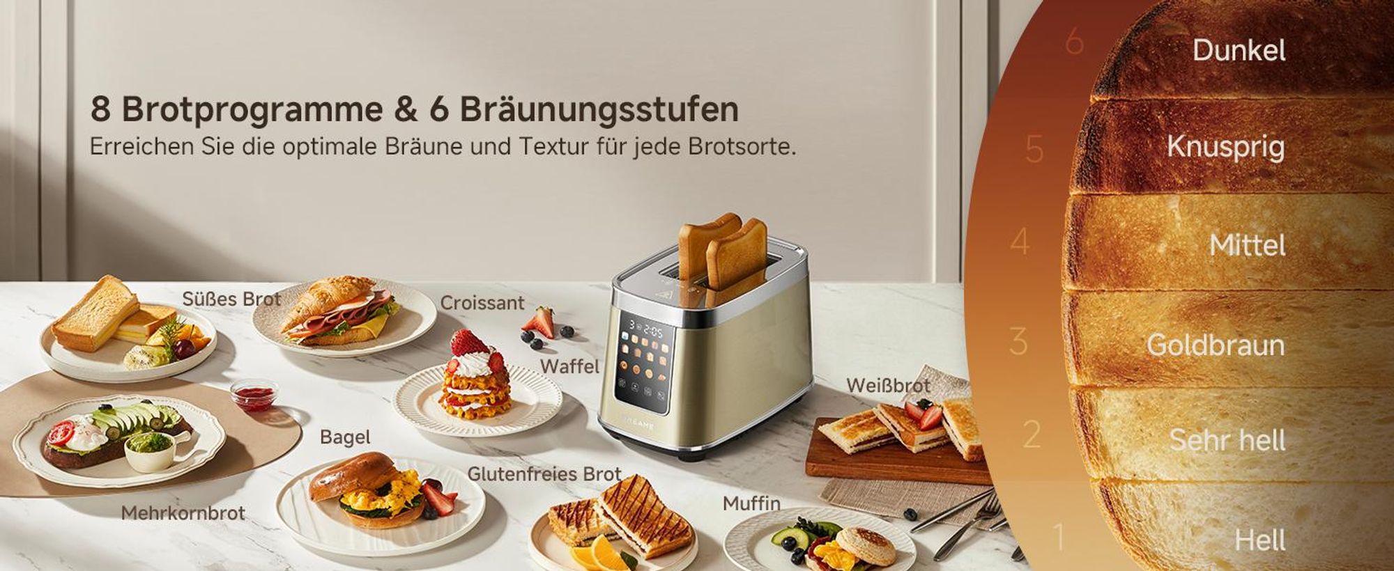 Dreame Smart Toaster 2 Scheiben,5,3-Zoll-IMD-Touchscreen,Motorisiertes Auto-Lift-Design,8 Brotprogramme&6 Bräunungsstufen,3 praktische Funktionen,Gold