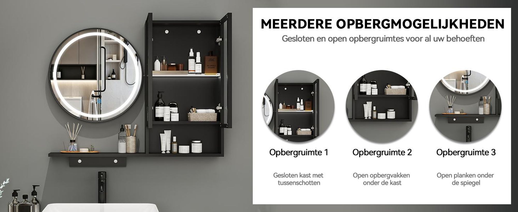 Puluomis Spiegelkast met LED-badspiegel, voorzien van een kast en open vakken, 3 lichtkleuren & dimbaar, anti-condens, bediening via touchpaneel, wandkast, zwart