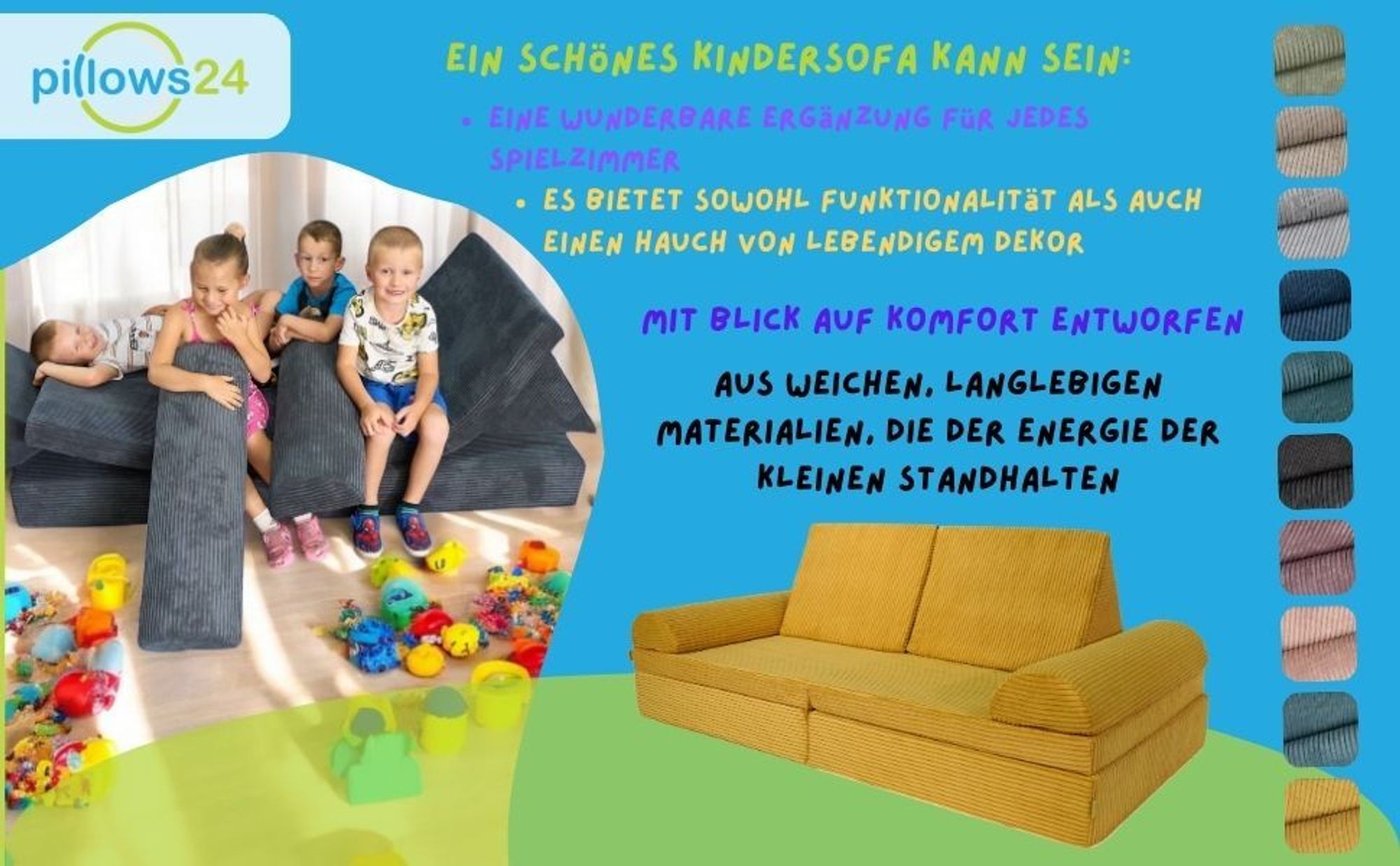 Pillows24 - Kindersofa mit Schlaffunktion | Weiches Spielsofa aus Cordstoff | Kinder Sofa mit abnehmbaren Bezügen für Spielzimmer, Gelb