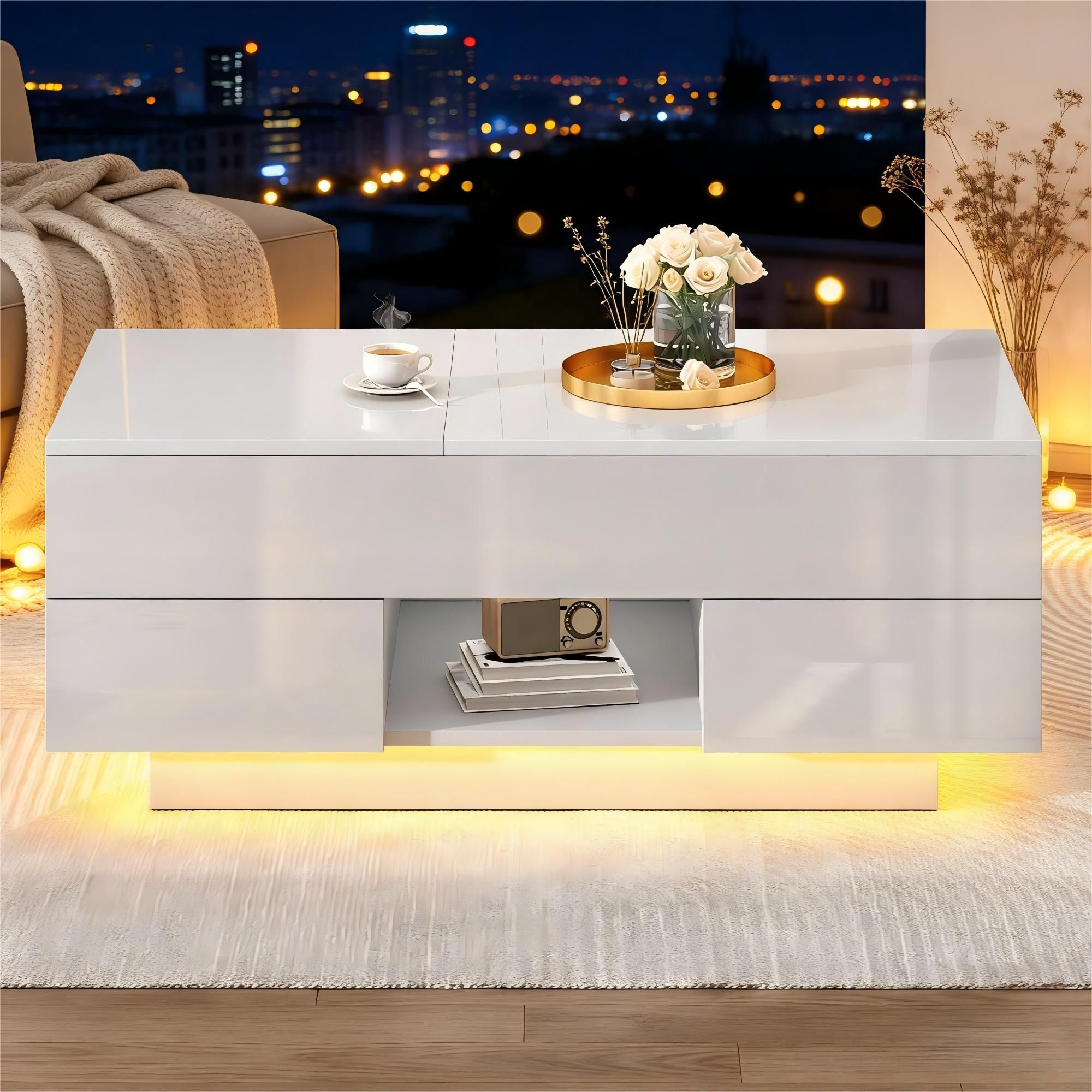 Merax Couchtisch Hochglanz mit LED, höhenverstellbare Sofatisch mit 2 Schubladen und Stauraum, Wohnzimmertisch mit klappbare Tischplatte, Weiß