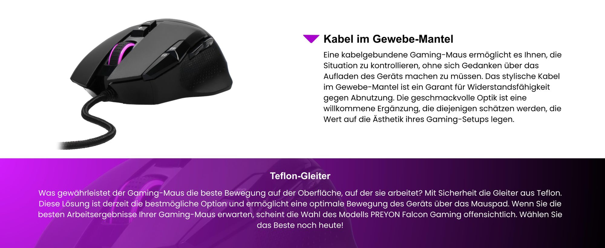 PREYON Falcon Gaming Spielmaus Robuste Gaming-Maus - Sensoren Pixart PAW 3327 - Schwindelerregende 12400 DPI - RGB Beleuchtung - Schalter Omron 20M - Software - Gummigriffe
