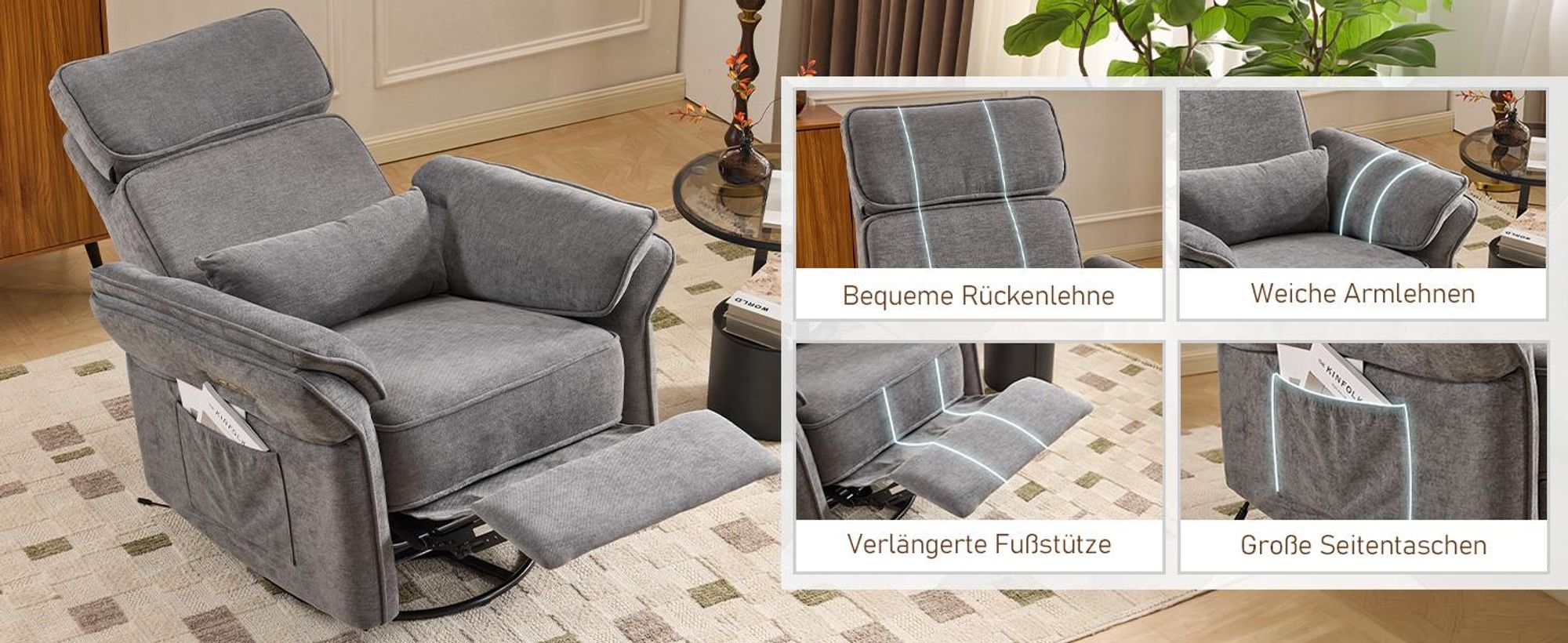 LEADZM Stillstuhl Relaxsessel Fernsehsessel, elektrischer Neigungs, 300° Drehfunktion, verstellbare Kopfkissen Armlehnen, Dunkelgrau