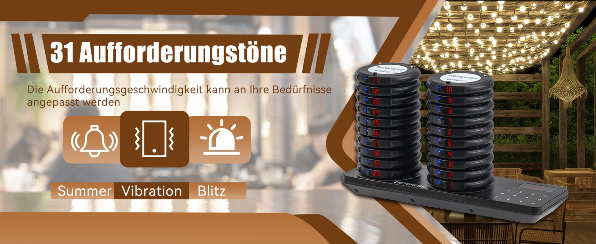 Retekess TD163 Restaurant Pager System, Pager Rufsystem, 400M, 31 Anrufmodi, 20H Standby, Gästerufsystem für Hotel, Bars, Clubs(20 Pager)