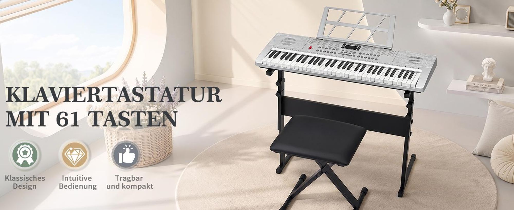 FCH 61 Tasten E Keyboard,Elektronisches Klavier, Digitalpiano Set,Keyboardständer, Keyboardbank und Mikrofon,Silber