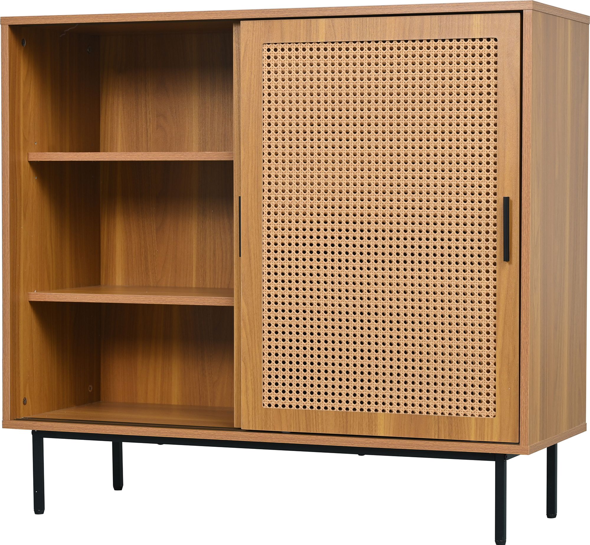 Flieks Rattan Kommode Sideboard mit 2 Schiebetüren, Wohnzimmerschrank Aufbewahrungsschrank Beistellschrank mit Verstellbaren Ablagen, Braun, 100x37x90