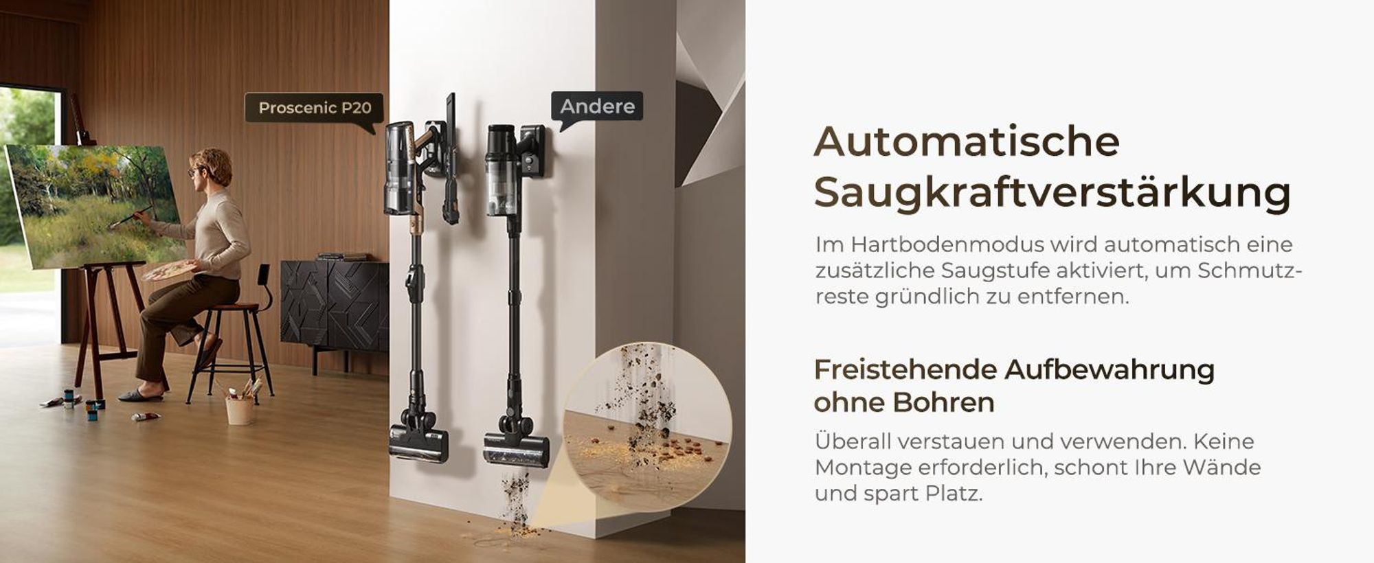 Proscenic P020 OnePass Akku Staubsauger Kabellos 680W/85KPA/70Min, Klappstange, zur Reinigung unter niedrigen Möbeln