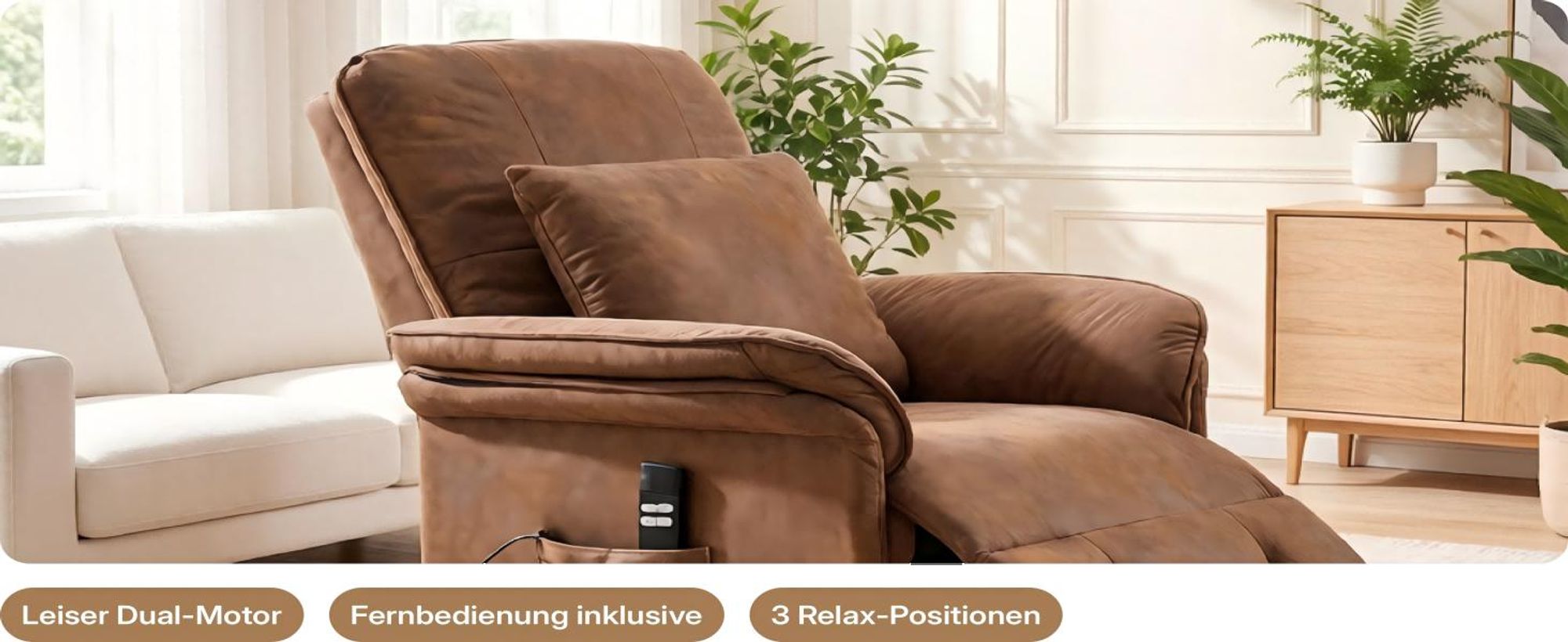 2 Motoren fernseh- & relaxsessel,Elektrischer Relaxsessel Braun , TV Sessel mit Liegefunktion & Rollen