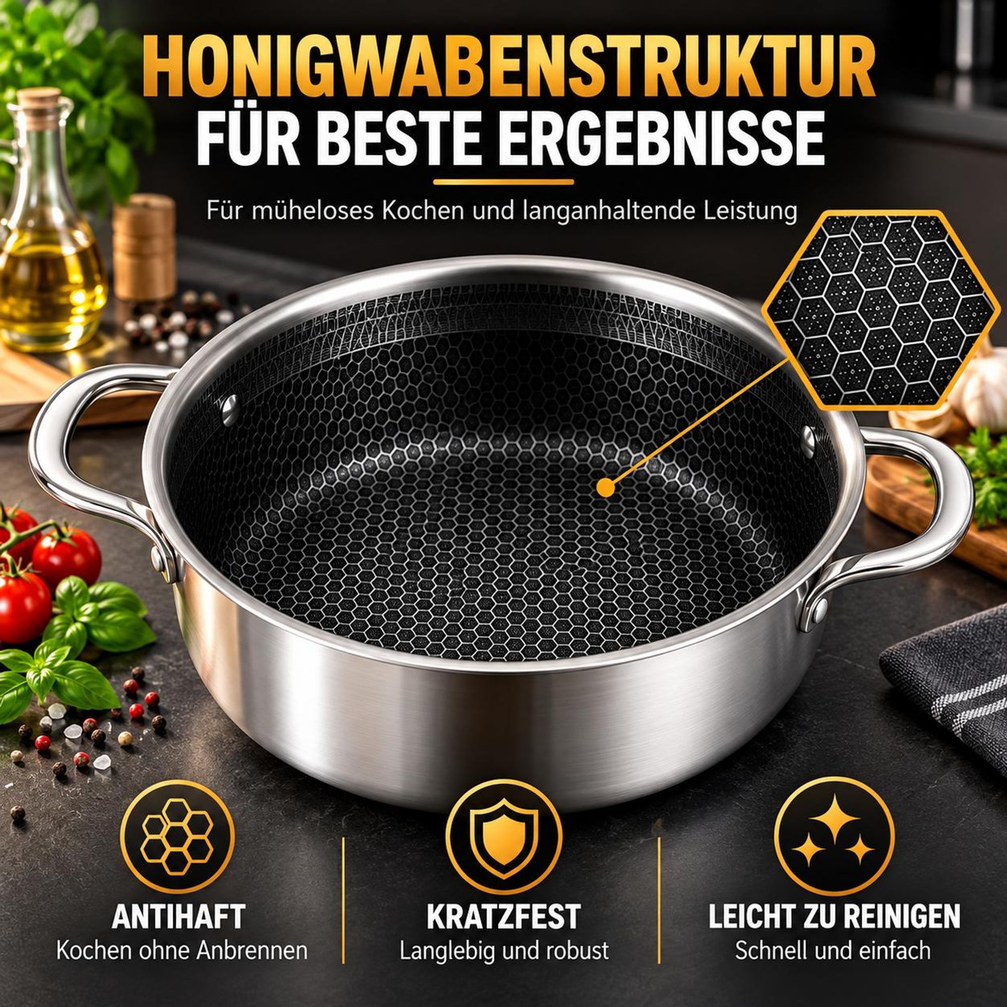 Bratpfanne – Mit Deckel, 20 cm – Edelstahl – Wabenstruktur – Induktionsgeeignet – Royal Swiss®