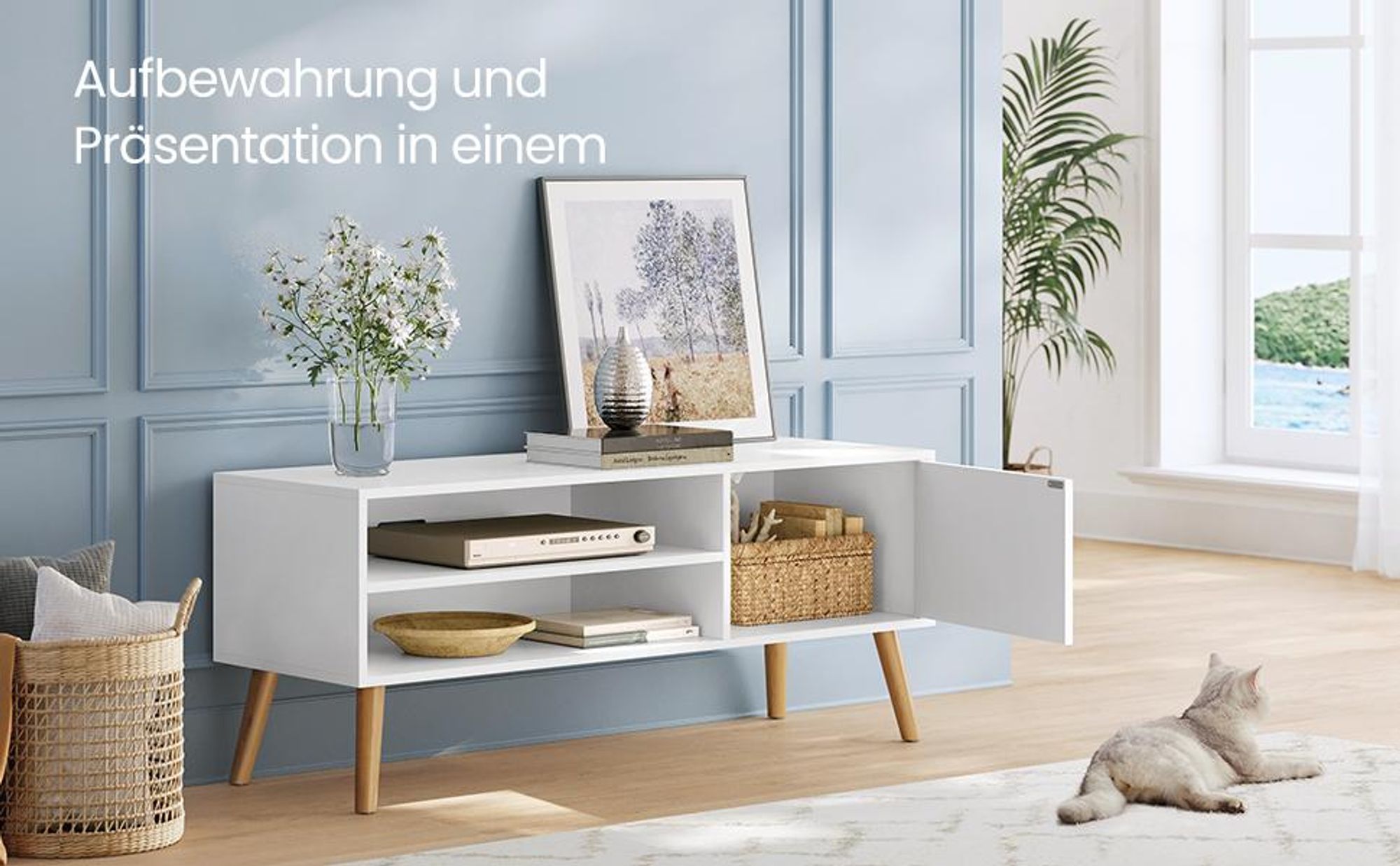 VASAGLE TV-Schrank, Lowboard, Fernsehschrank für Fernseher bis zu 55 Zoll, 120 cm lang, Fernsehtisch, für Wohnzimmer, Industrie-Design, weiß VTL120T46