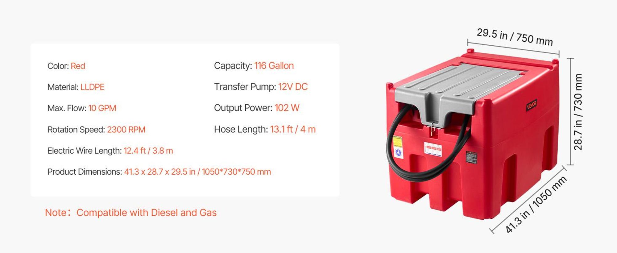 VEVOR Tragbarer Diesel- und Benzintank, 440L, 10 GPM Durchflussrate, Dieseltank mit 12V elektrischer Transferpumpe, 4m Schlauch, automatischer Betankungsdüse, Transferbehälter für einfachen Kraftstofftransport, Rot, 116 Gallonen