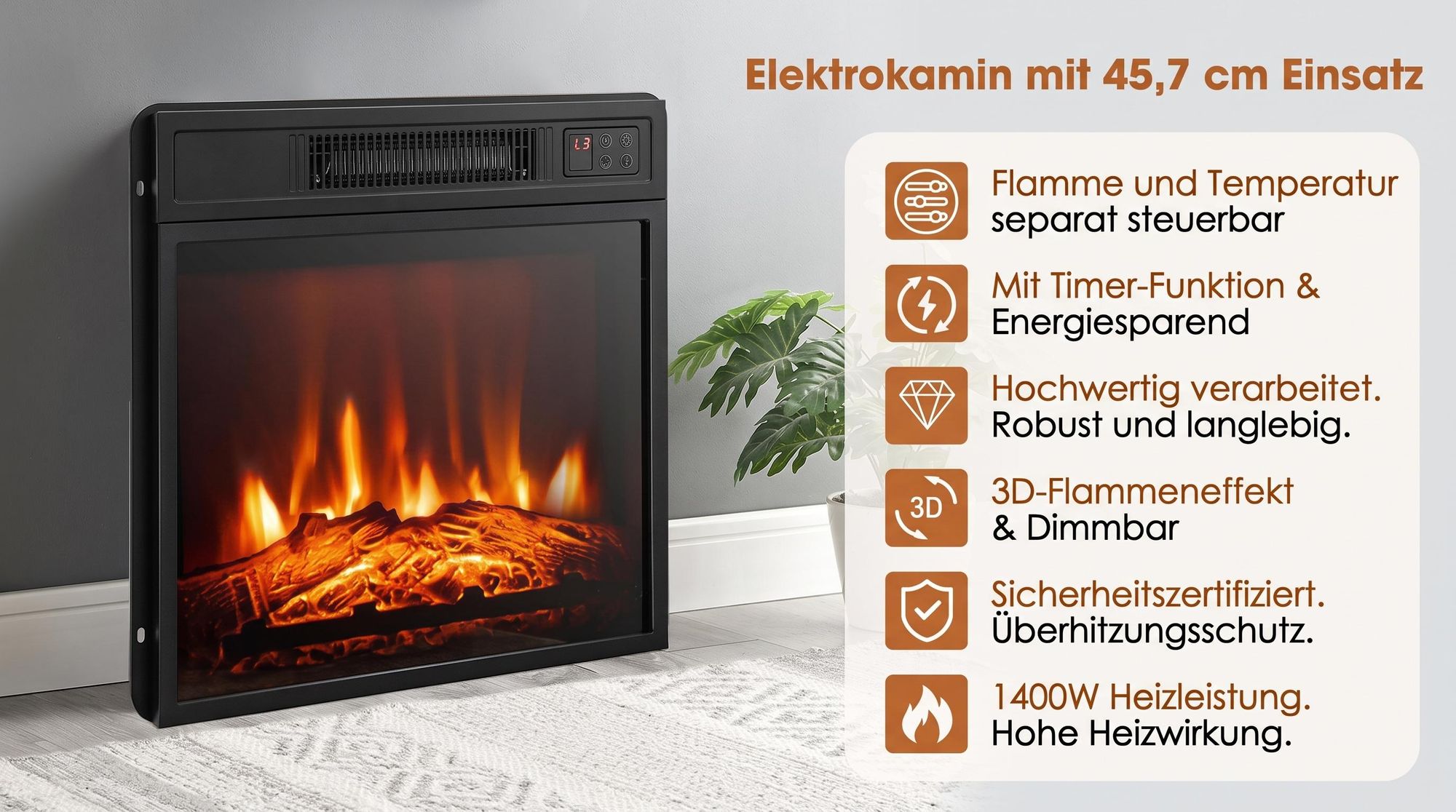 Parrot Uncle TV-Schrank für Fernseher bis 55 Zoll, MDF, Grau , mit 18" Elektrokamin, eignet sich für Eckaufstellung, 114x 56x 76 cm, 45 kg Tragkraft