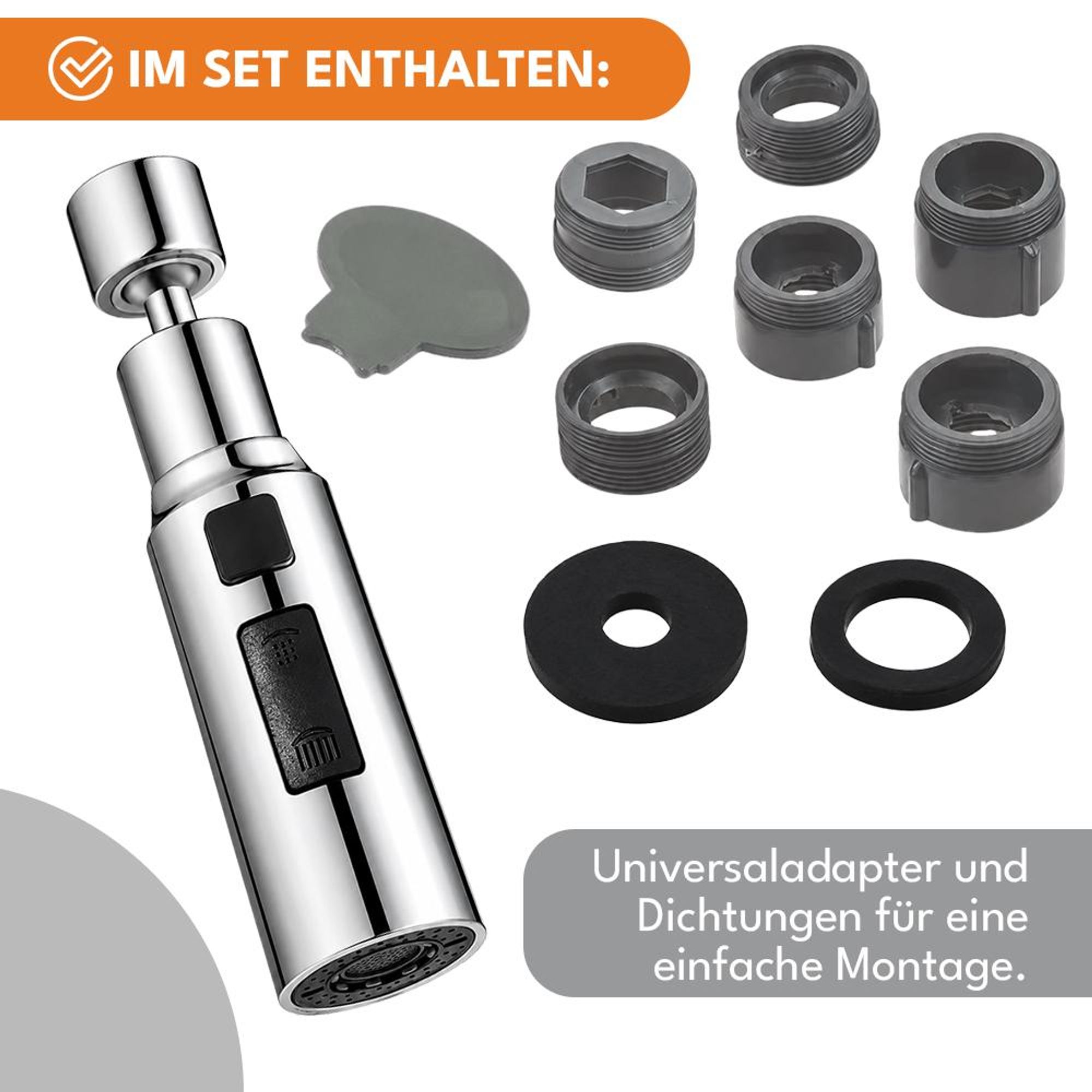 KRUMAD Wasserhahn-Aufsatz, 360° drehbar, Perlator mit 3 Wasserstrahlmodi, Wasserhahn Verlängerung, Strahlregler für Küche und Bad