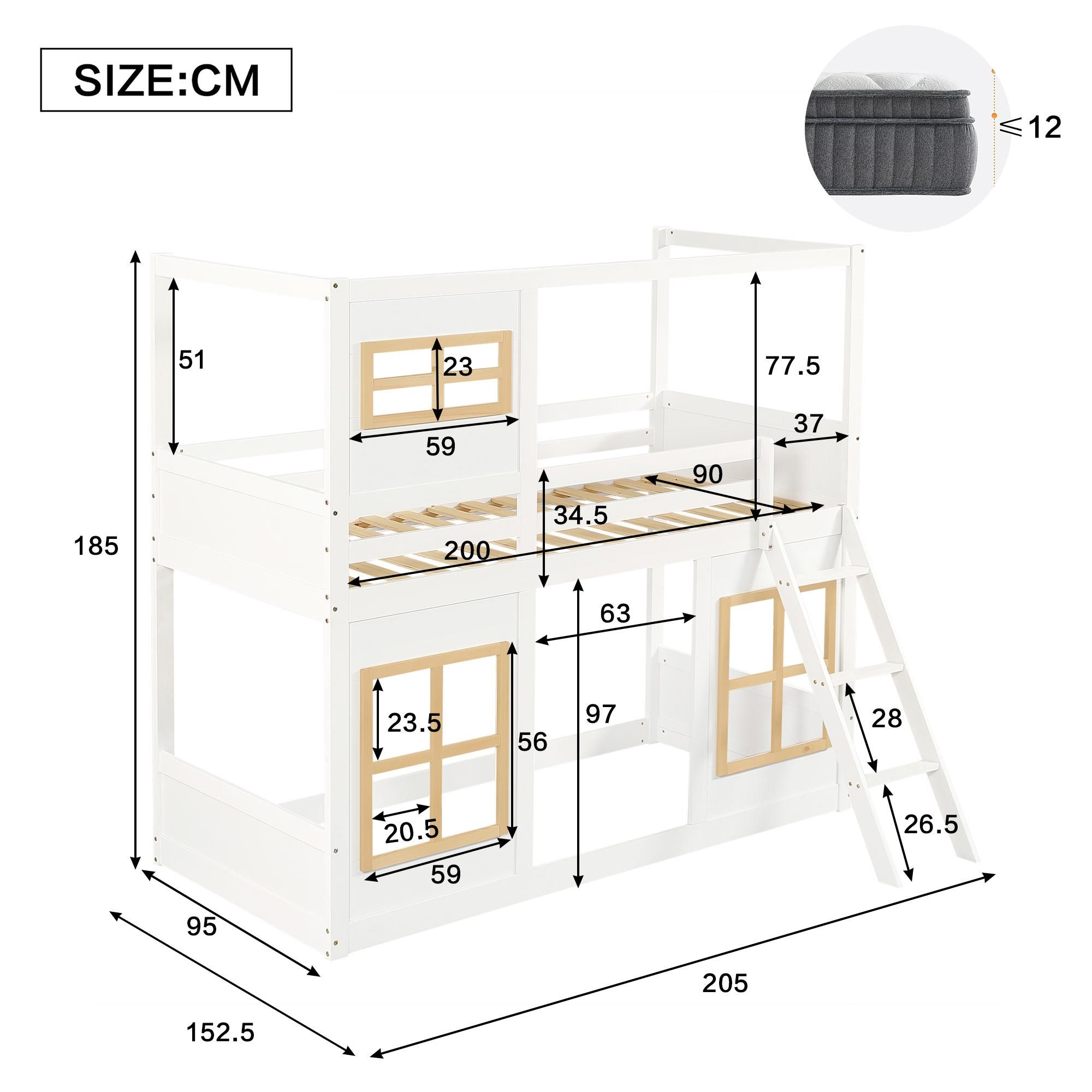 Flieks Etagenbett 90x200cm mit Rausfallschutz, Kinderbett Hausbett mit Fenster, Hochbett Einzelbett mit Leiter, Stockbett Spielbett, Weiß