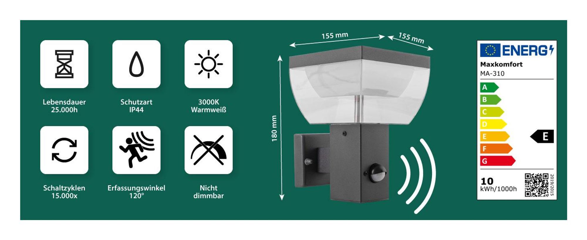 LED Außenwandleuchte mit Bewegungsmelder 310A1 BALVIA Anthrazit, IP44, 9W – Intelligente und stilvolle Beleuchtung
