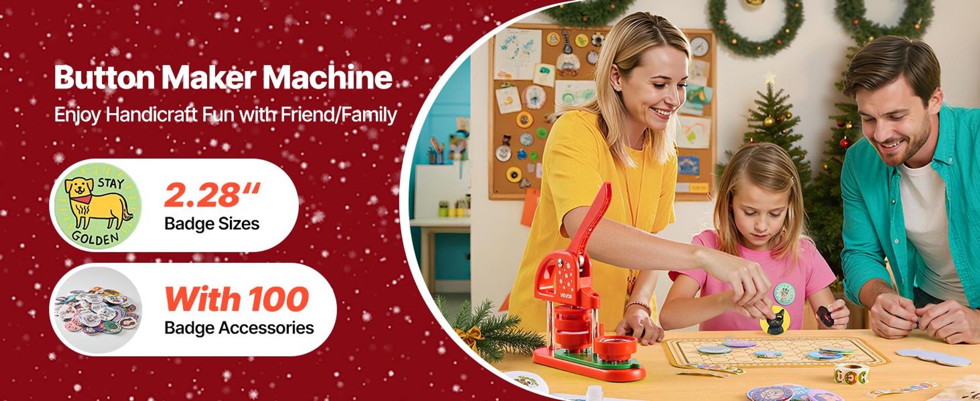 VEVOR Button Maker Maschine, 0,98 Zoll/25mm Pin Maker, installationsfreies Badge-Stanzpress-Kit, Kinder DIY Geschenke Button-Herstellungszubehör mit 500 Stück Button-Teilen, Kreisschneider, Zauberbuch, 58 mm-b, Rot