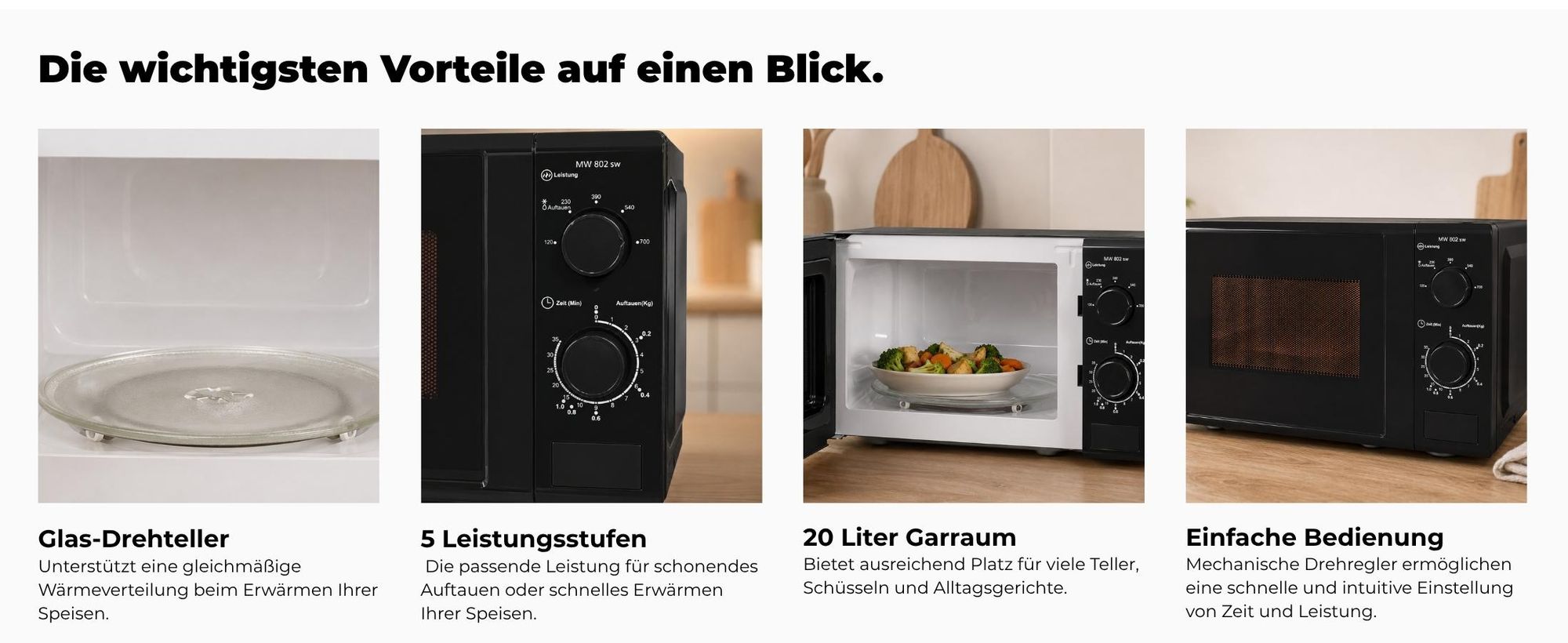 Exquisit Mikrowelle MW 802 sw | 20 l Nutzinhalt | Mit Timer | Auftaufunktion | 5 Leistungsstufen | 25,5cm Ø Drehteller