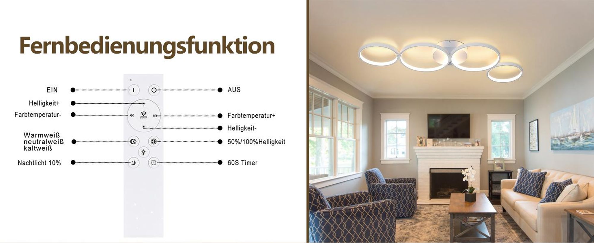 ZMH LED Deckenleuchte 55W Dimmbar mit Fernbedienung Modern 4 Flammig in Ringoptik Deckenlampe Rund Innen Metall für Wohnzimmer Schlafzimmer Weiß