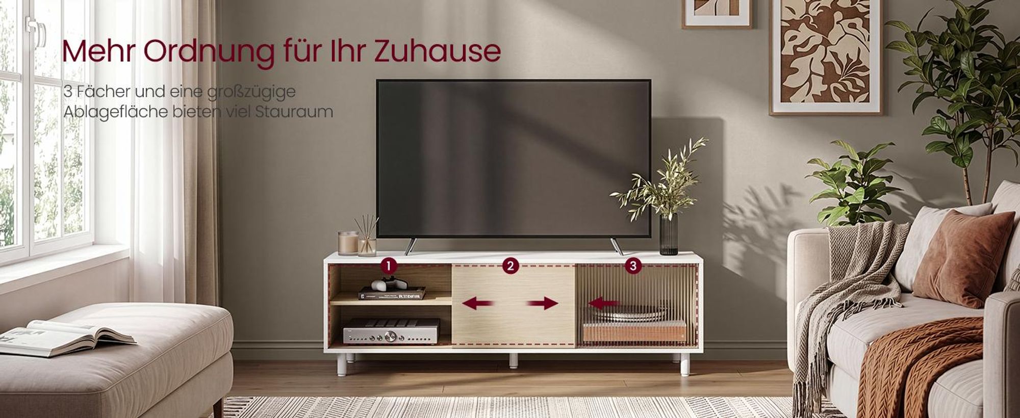VASAGLE TV-Schrank, Fernsehtisch Wohnzimmer, geriffeltes Glas modern